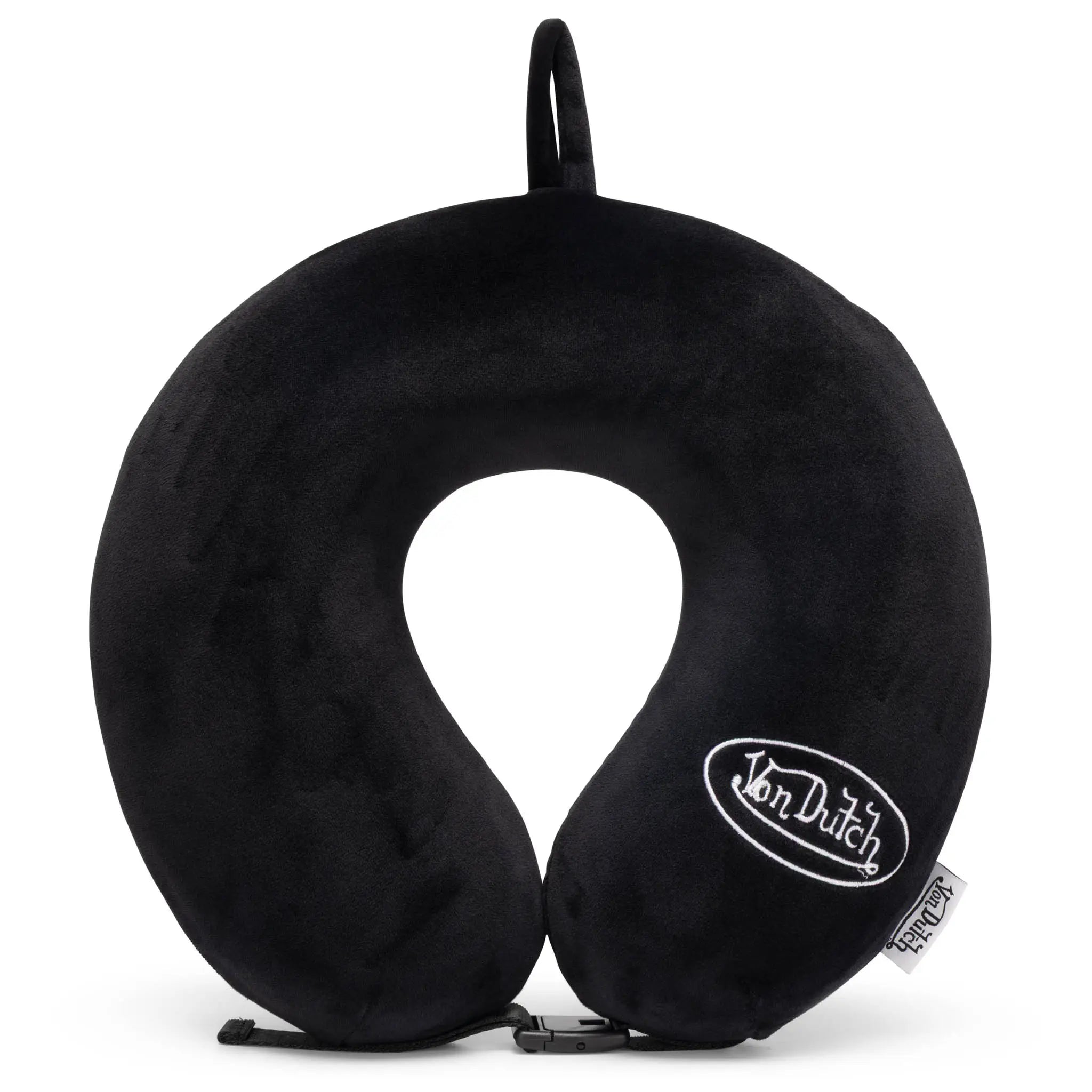 Black travel neck pillow with 'Van Dutch' logo on a white background