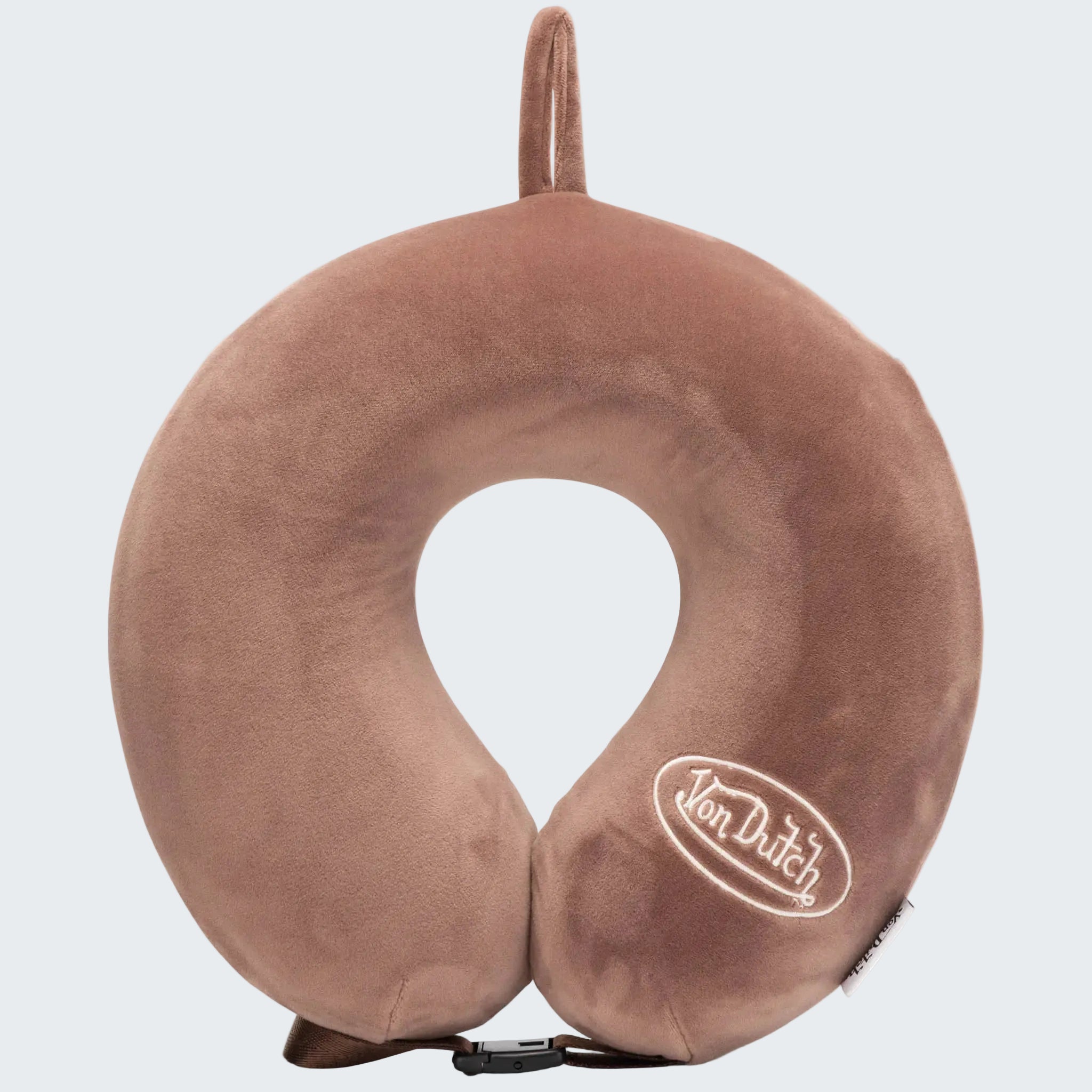 Brown travel neck pillow with 'Van Dutch' logo on a white background