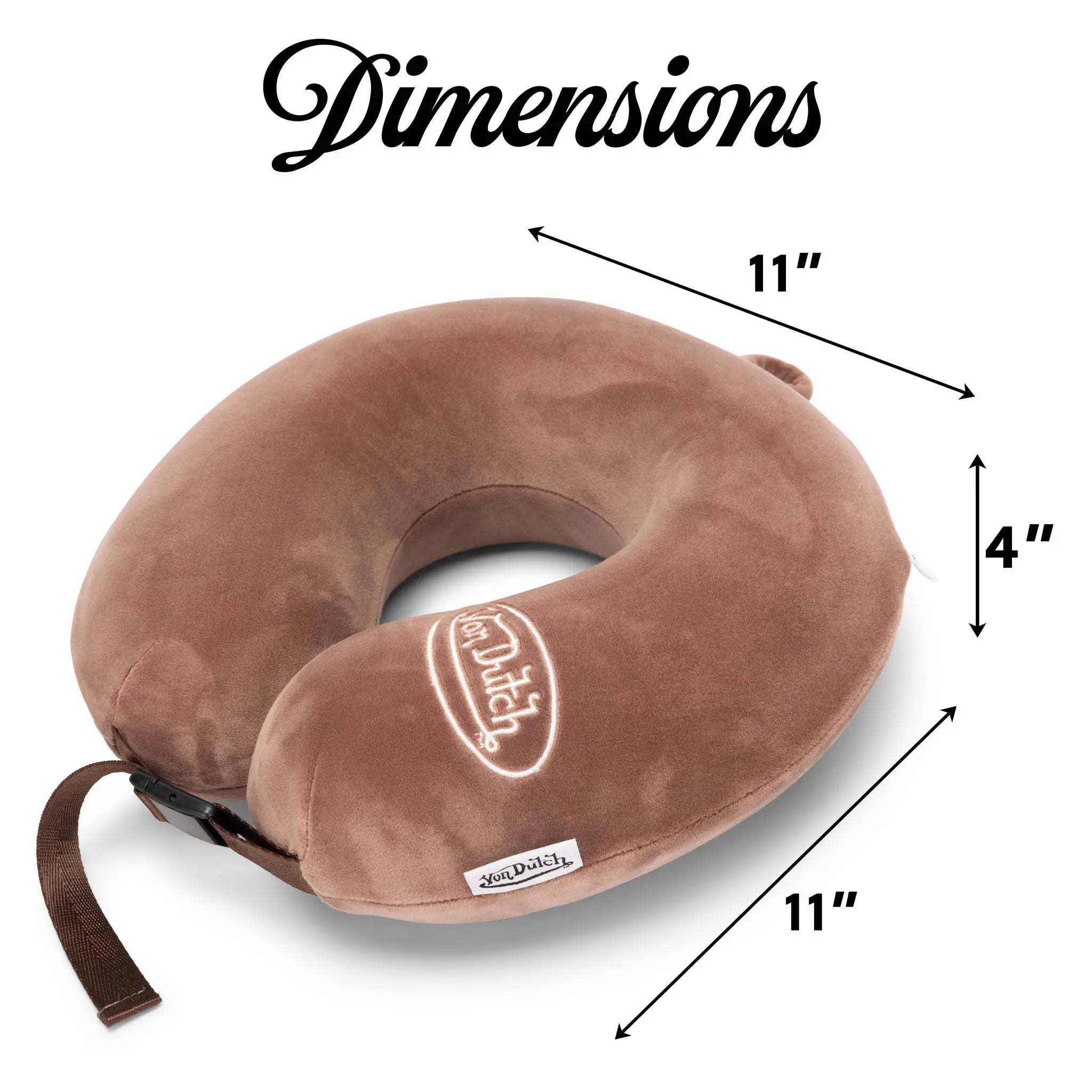 Brown travel neck pillow with dimensions labeled on a white background