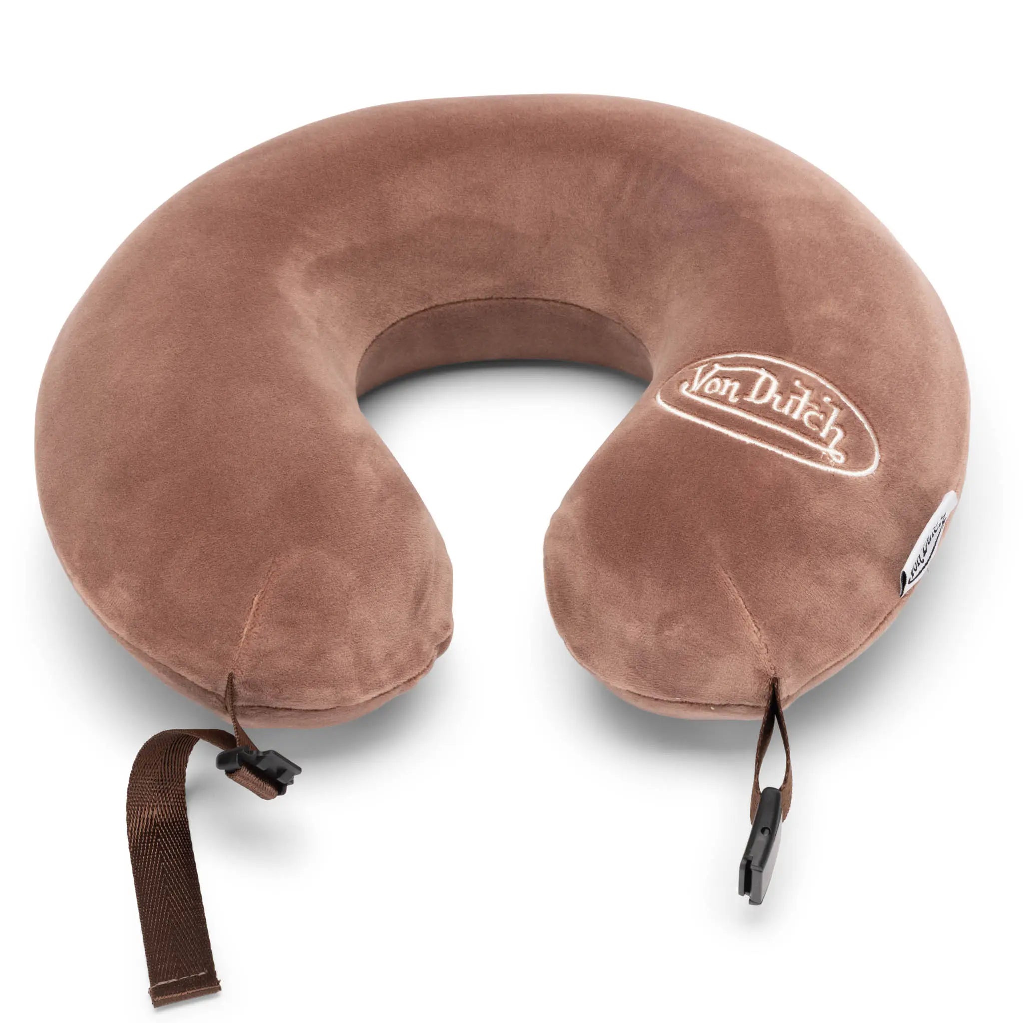 Brown travel neck pillow with 'von Dutch' branding on a white background