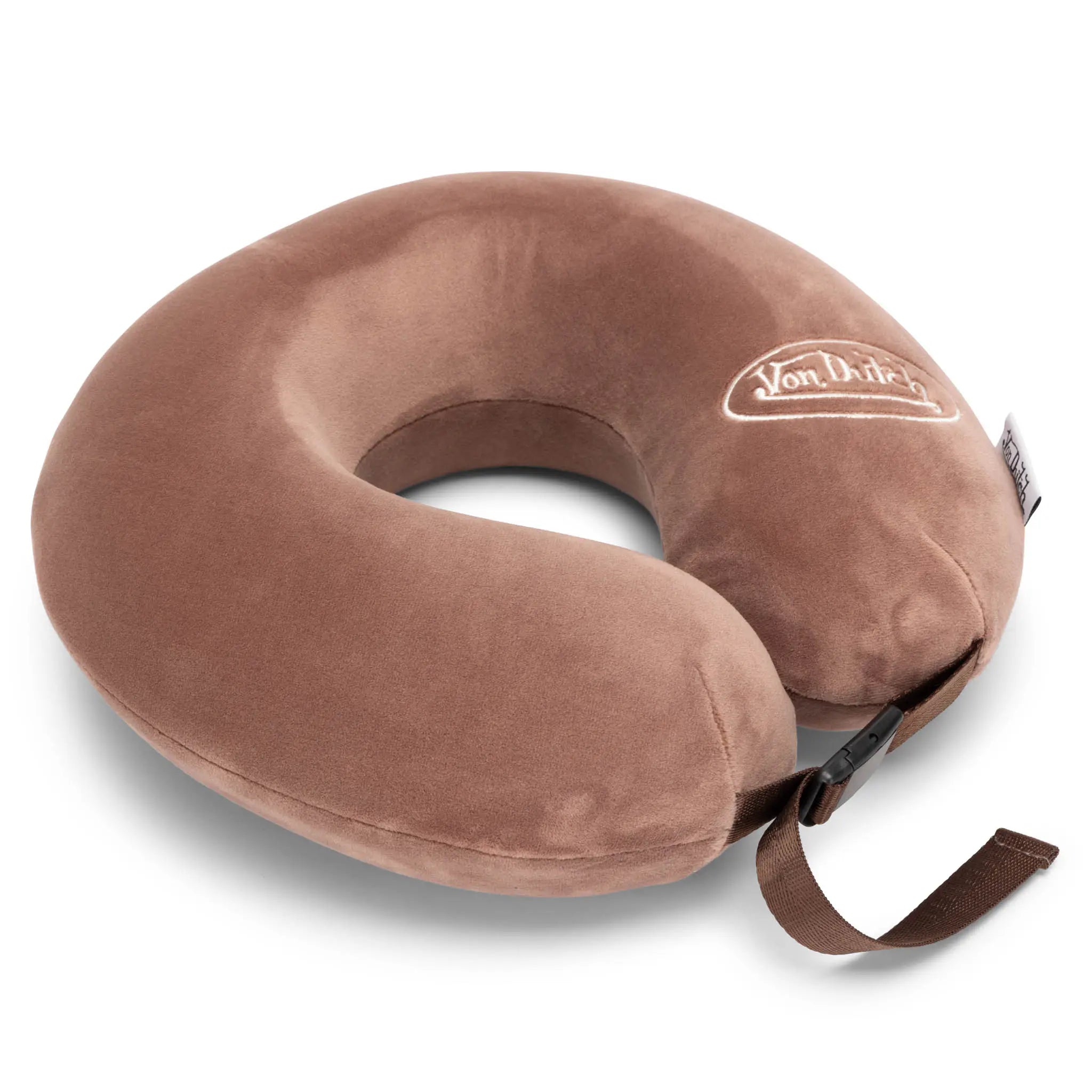 Brown travel neck pillow with a strap on a white background