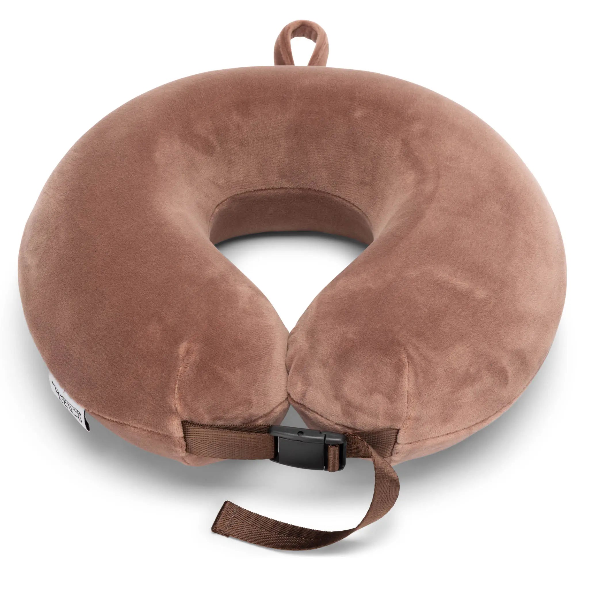 Brown travel neck pillow with a strap on a white background