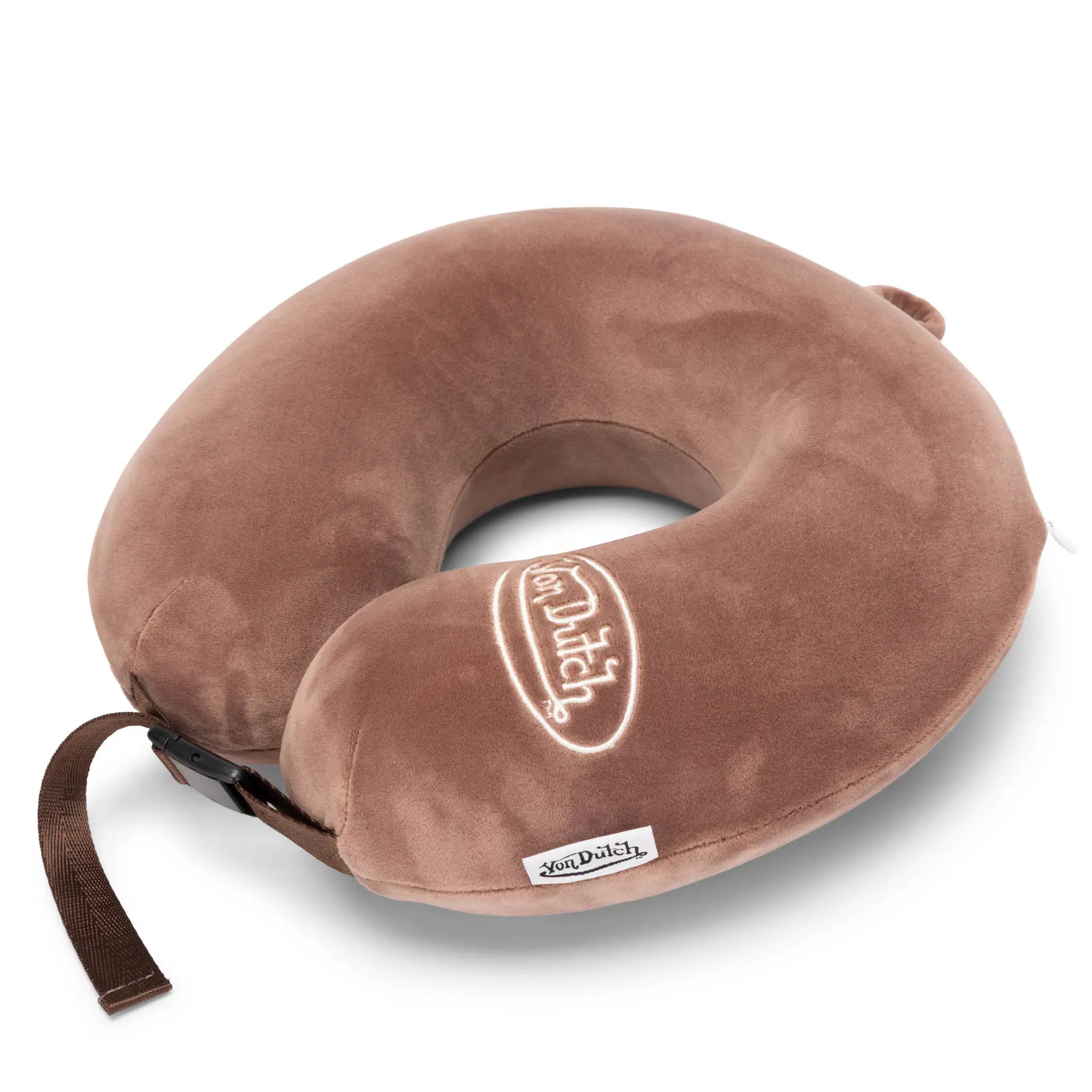 Brown travel neck pillow with 'Full Tilt' branding on a white background
