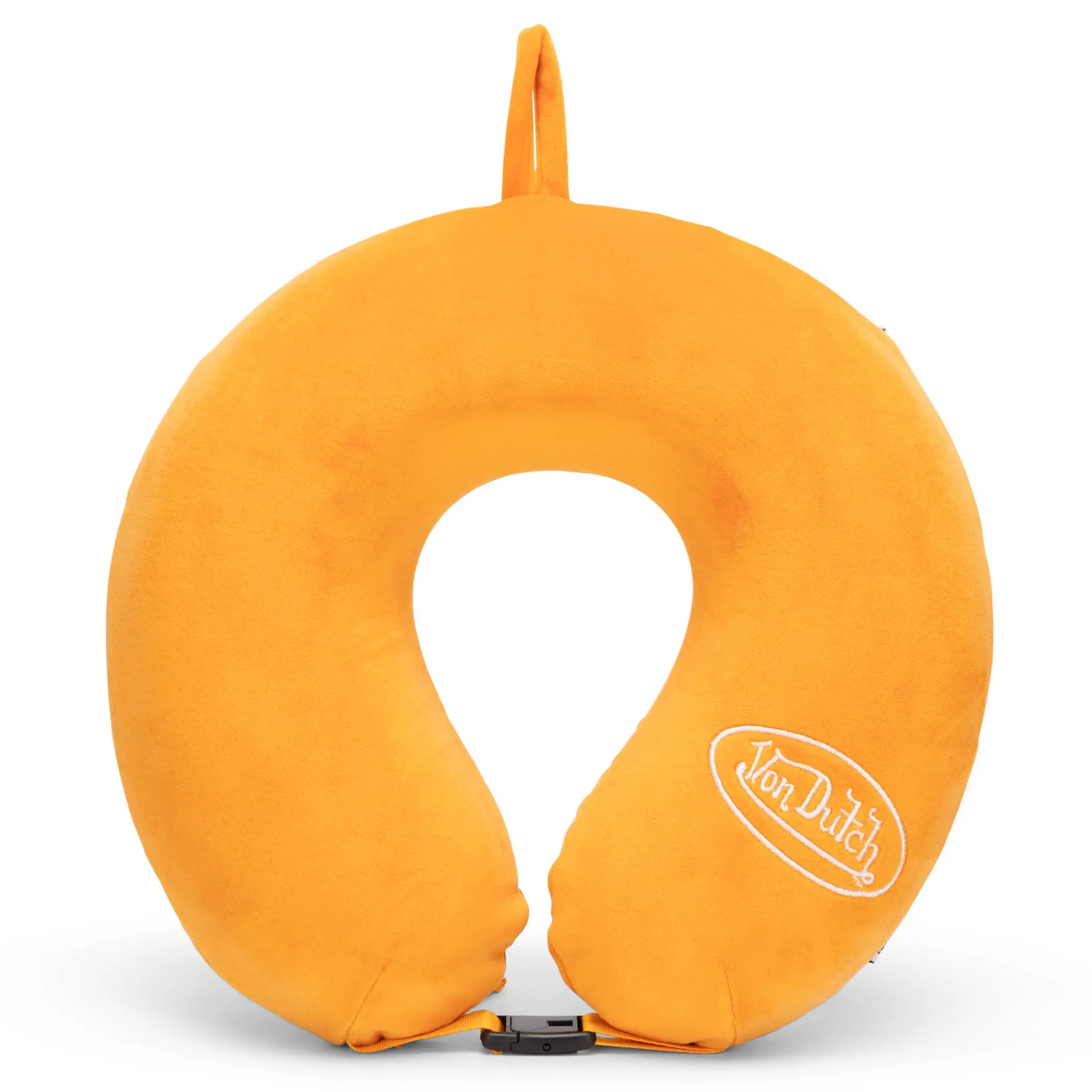 Orange travel neck pillow with 'Len Dutch' logo on a white background