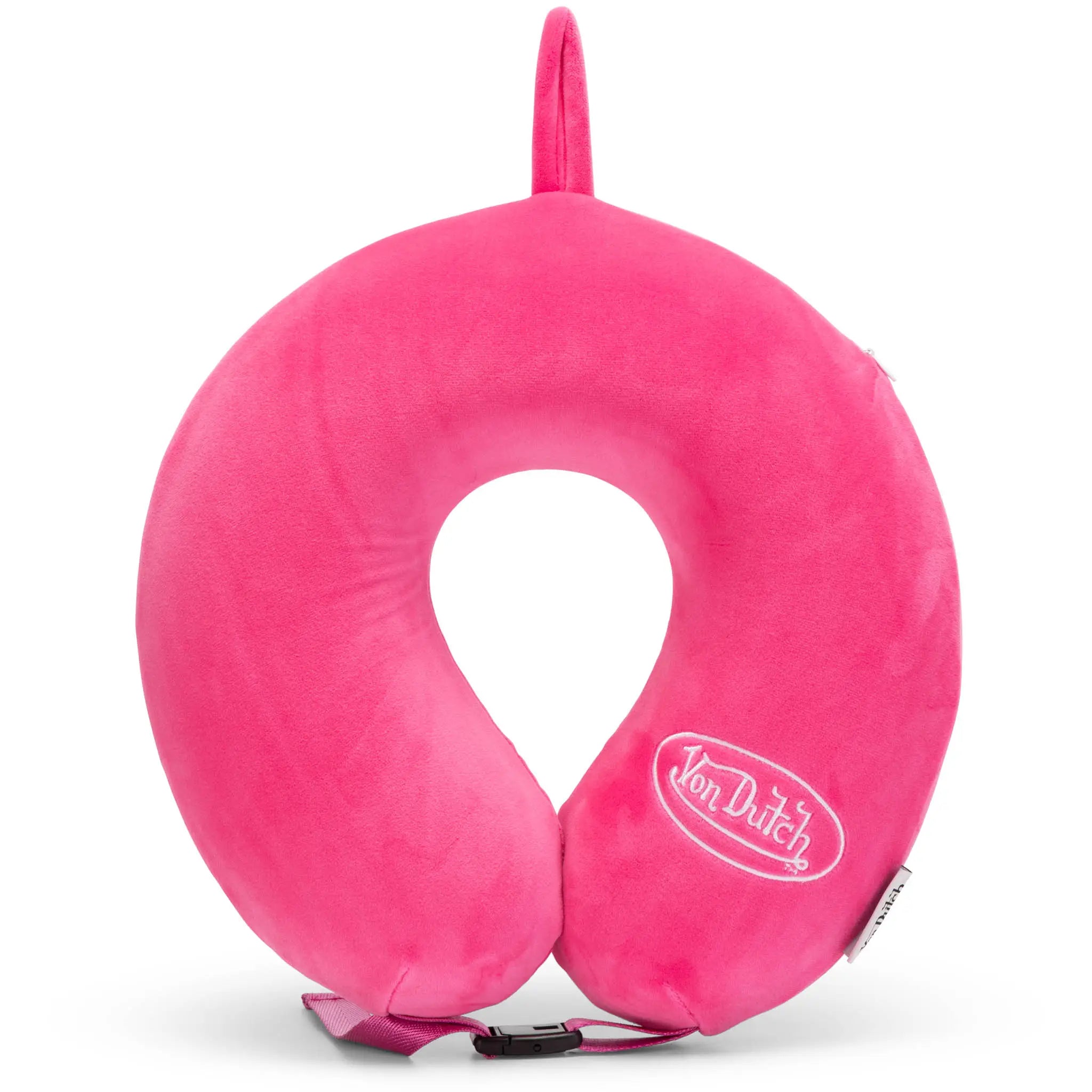 Pink travel neck pillow with 'Jon Dutch' branding on a white background