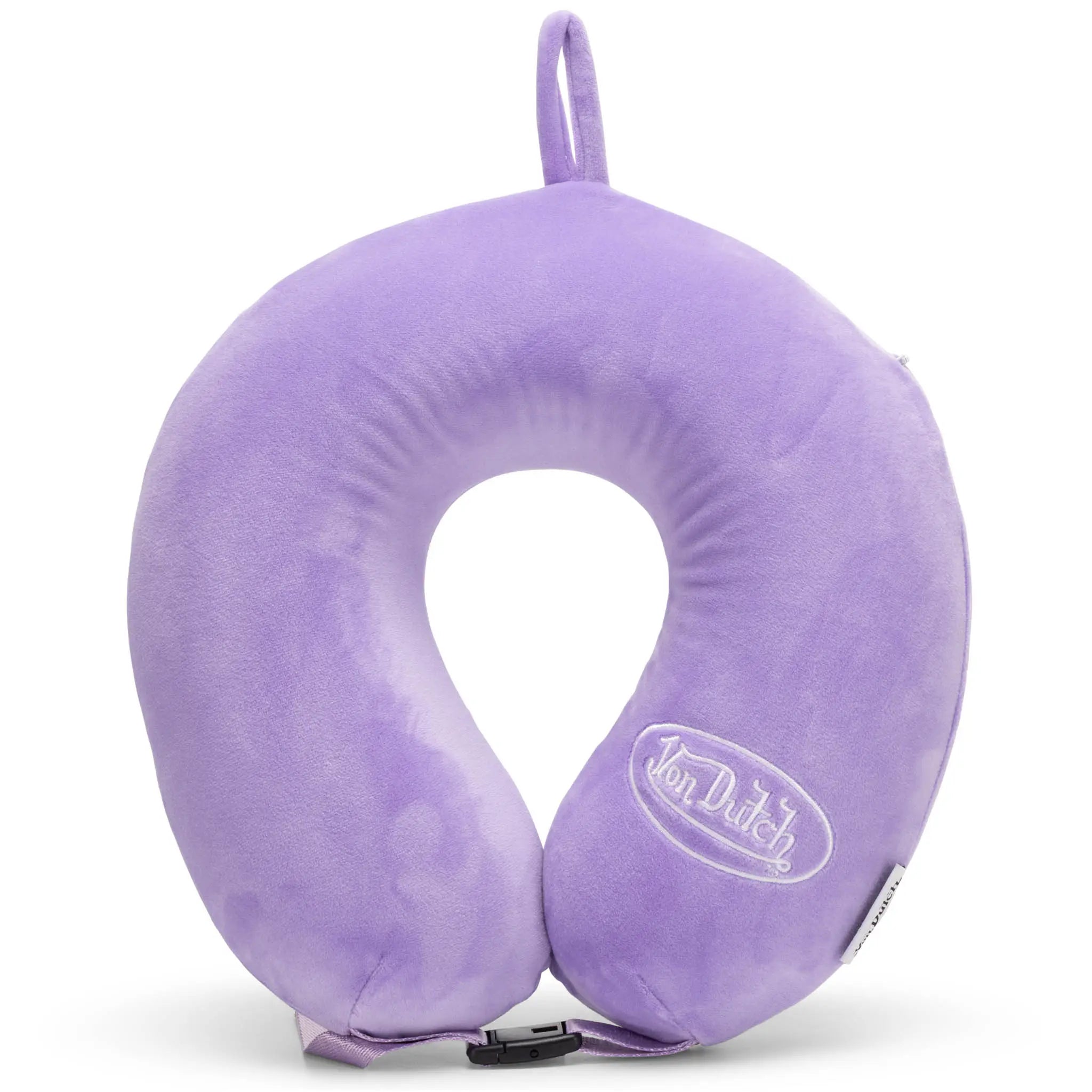 Purple travel neck pillow with 'Van Dutch' branding on a white background