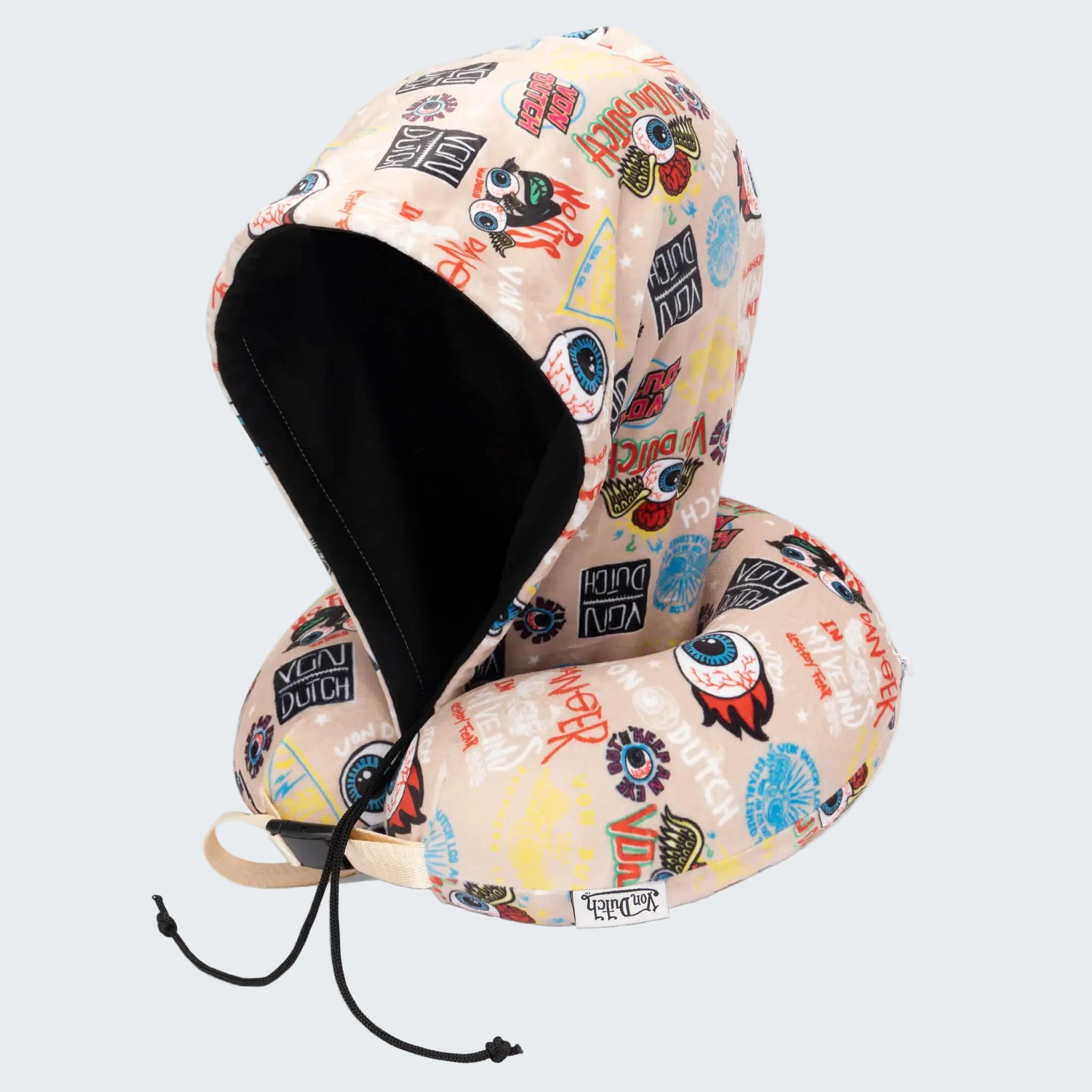 Colorful patterned helmet with black ear covers on a white background