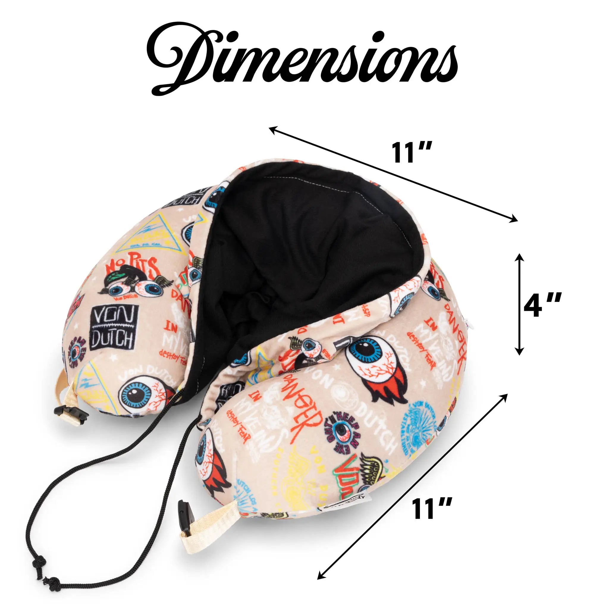Travel neck pillow with dimensions labeled on a white background