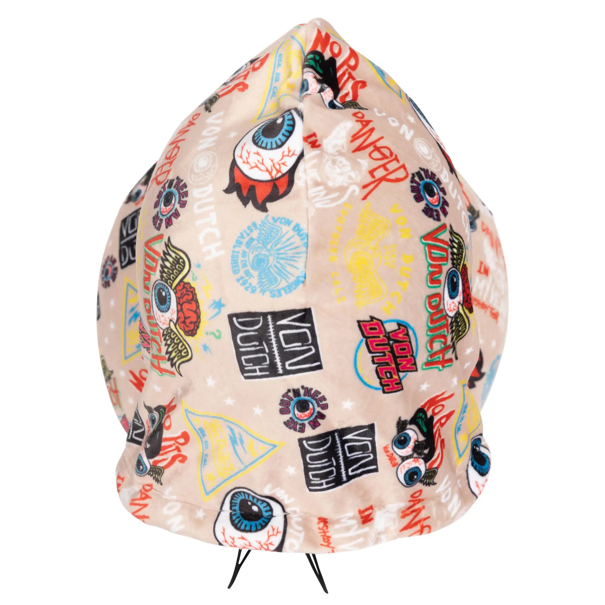 Decorative headrest with colorful graphic design on a white background