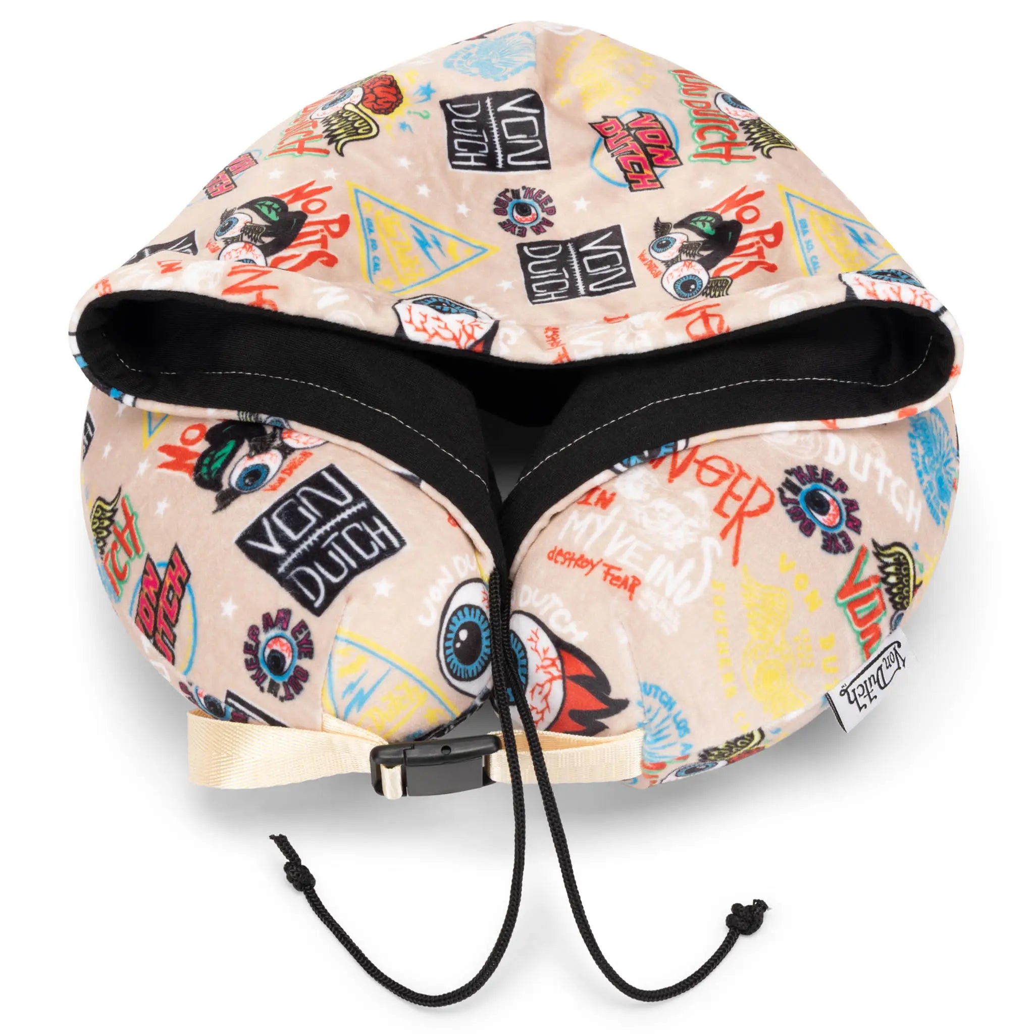 Colorful helmet cover with various designs on a white background