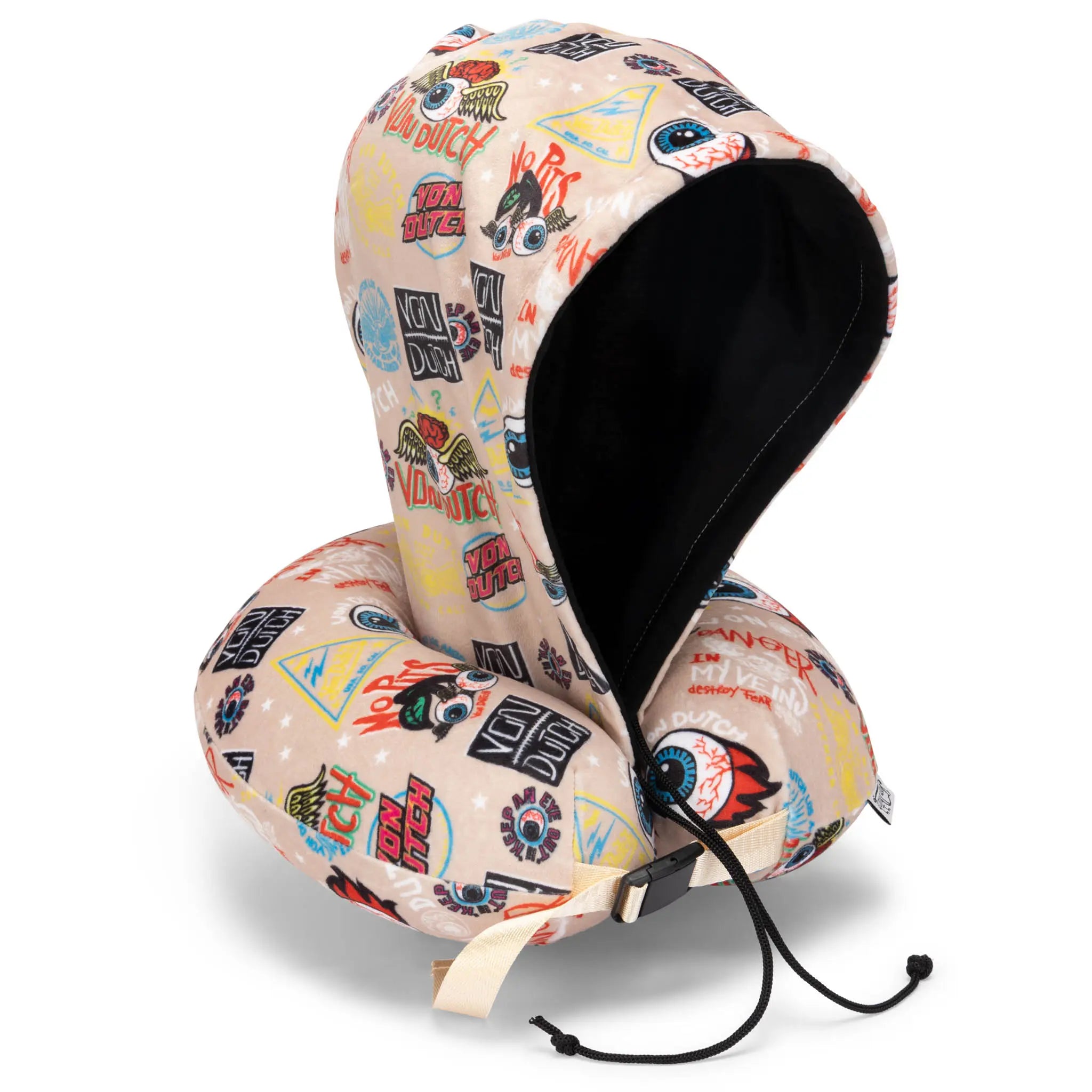 Travel neck pillow with colorful graphic design on a white background