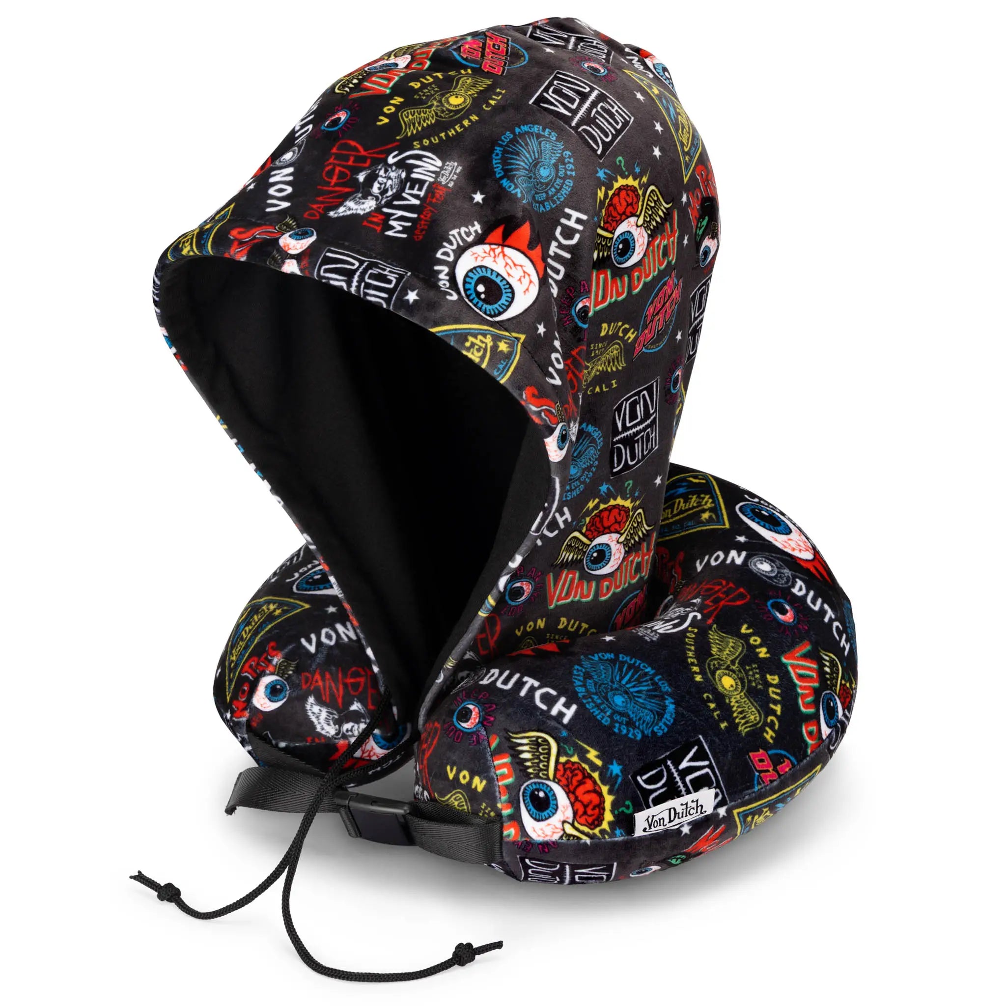 Colorful neck pillow with graphic design on a white background