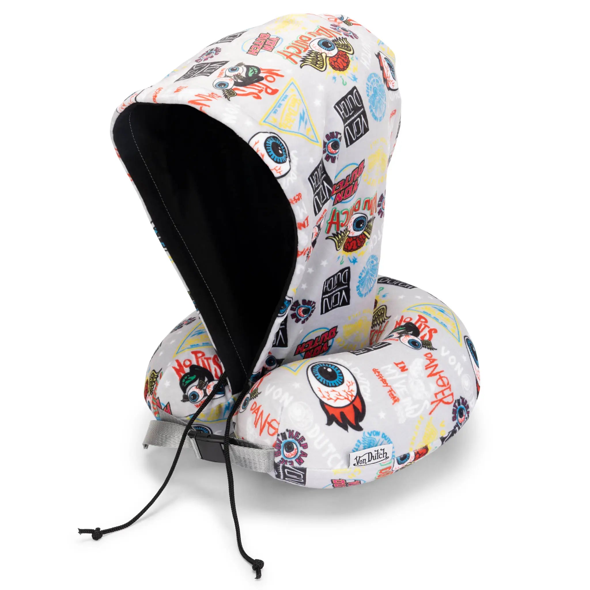 Colorful travel neck pillow with cartoon designs on a white background