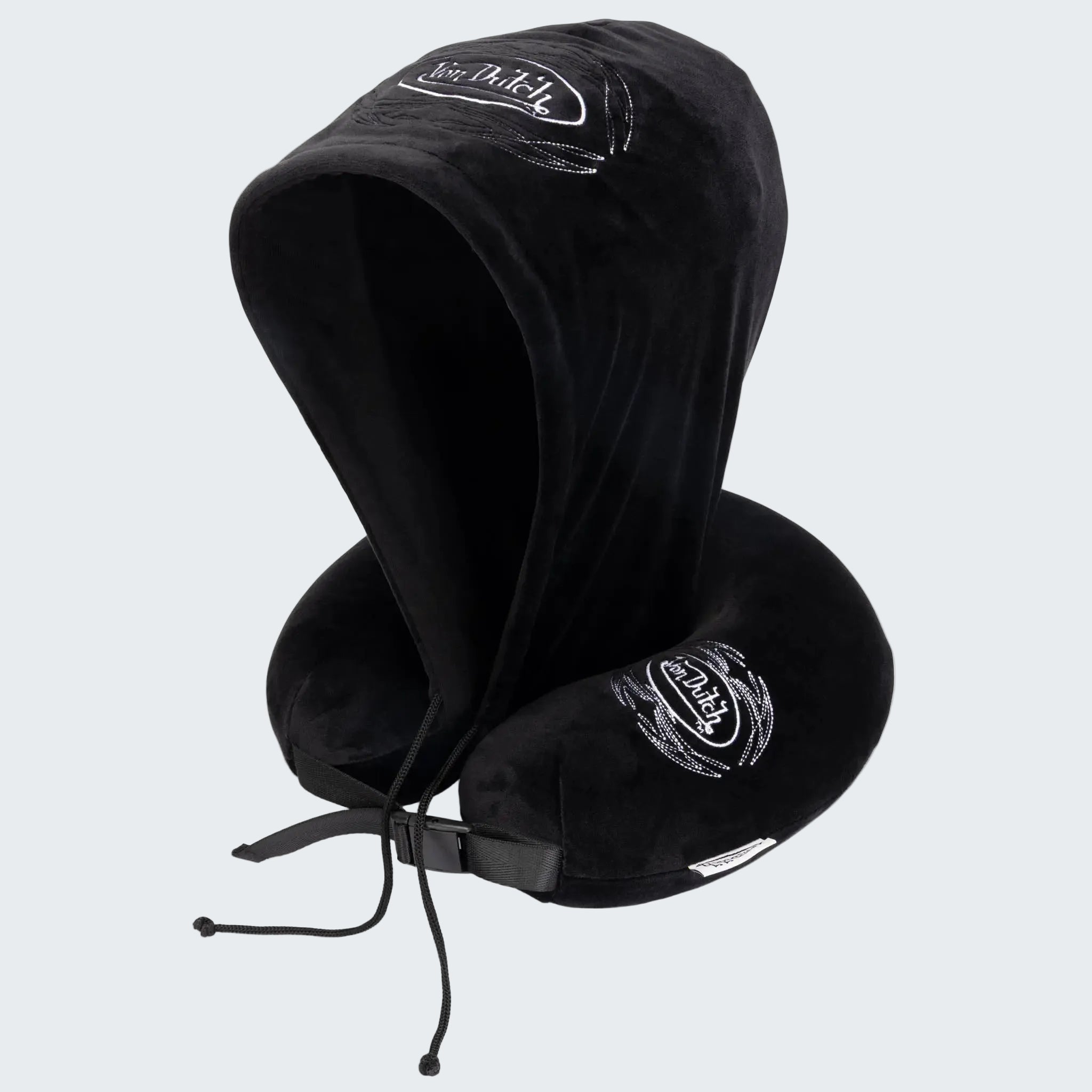 Black travel neck pillow with drawstring on a white background