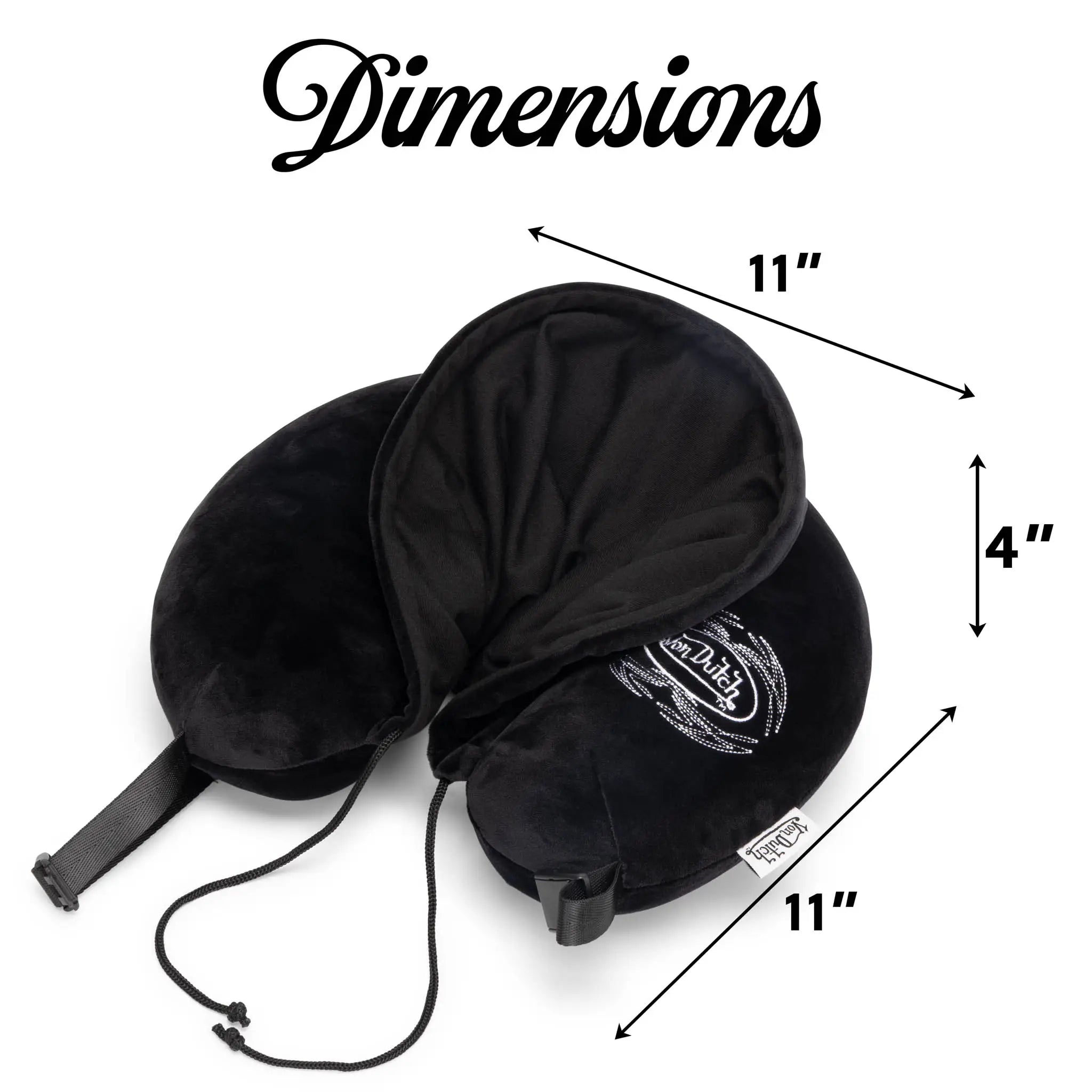 Black travel pillow with dimensions labeled on a white background