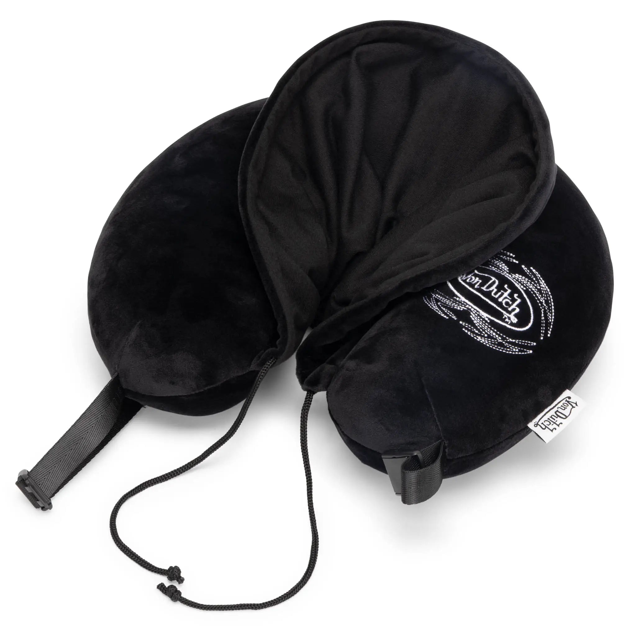 Black travel pillow with a drawstring and visible brand logo on a white background