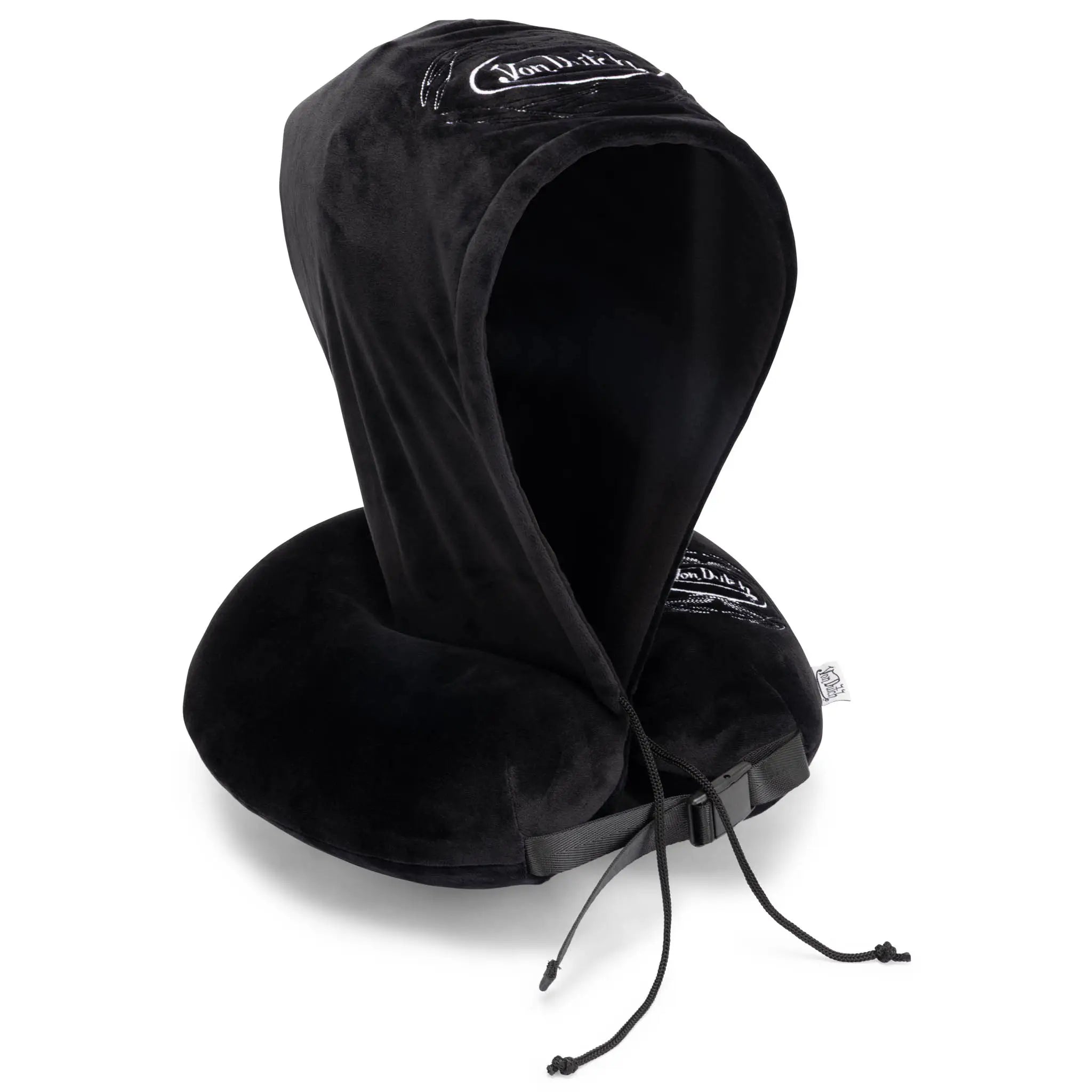 Black hooded neck pillow with drawstrings on a white background