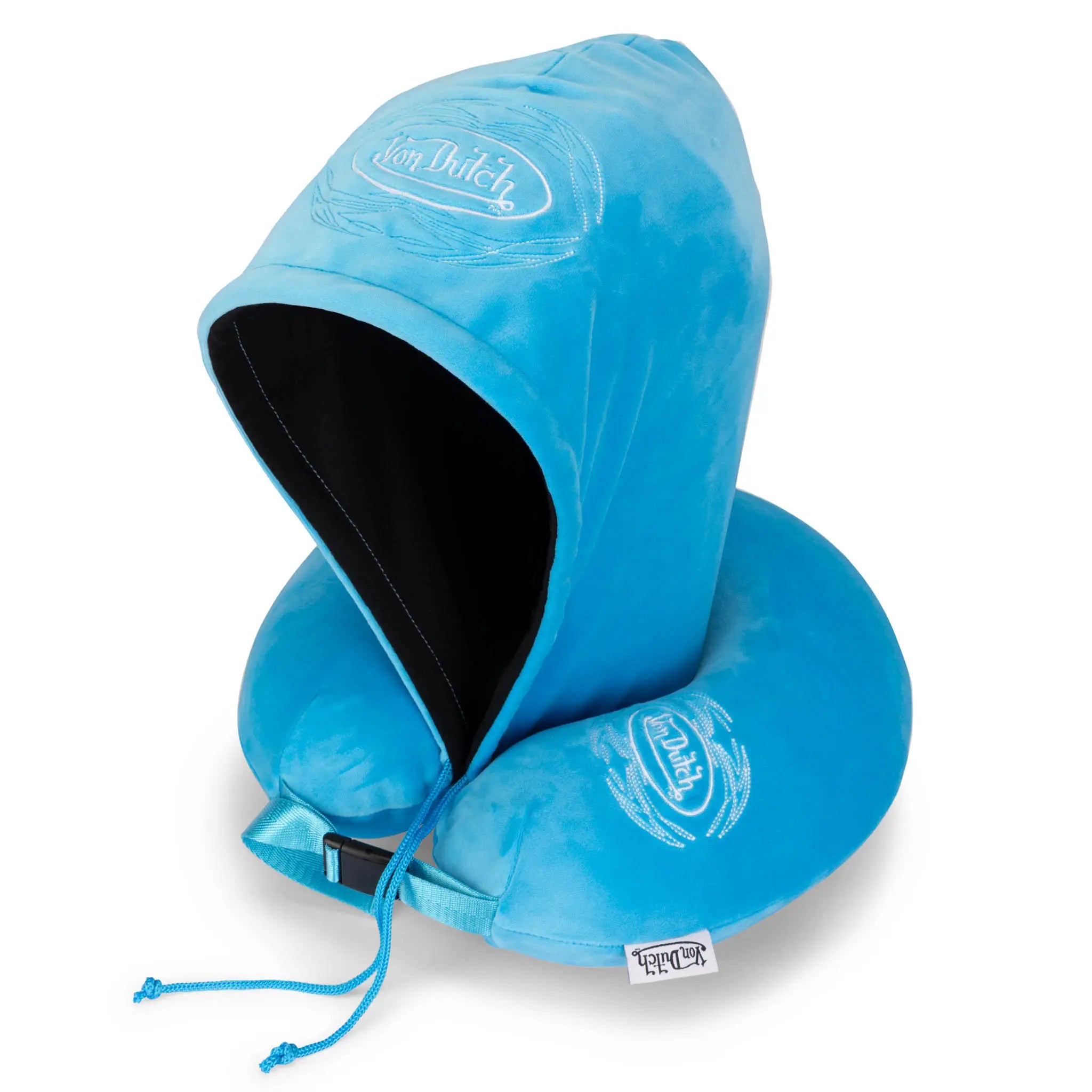 Blue hooded towel with brand logo on a white background