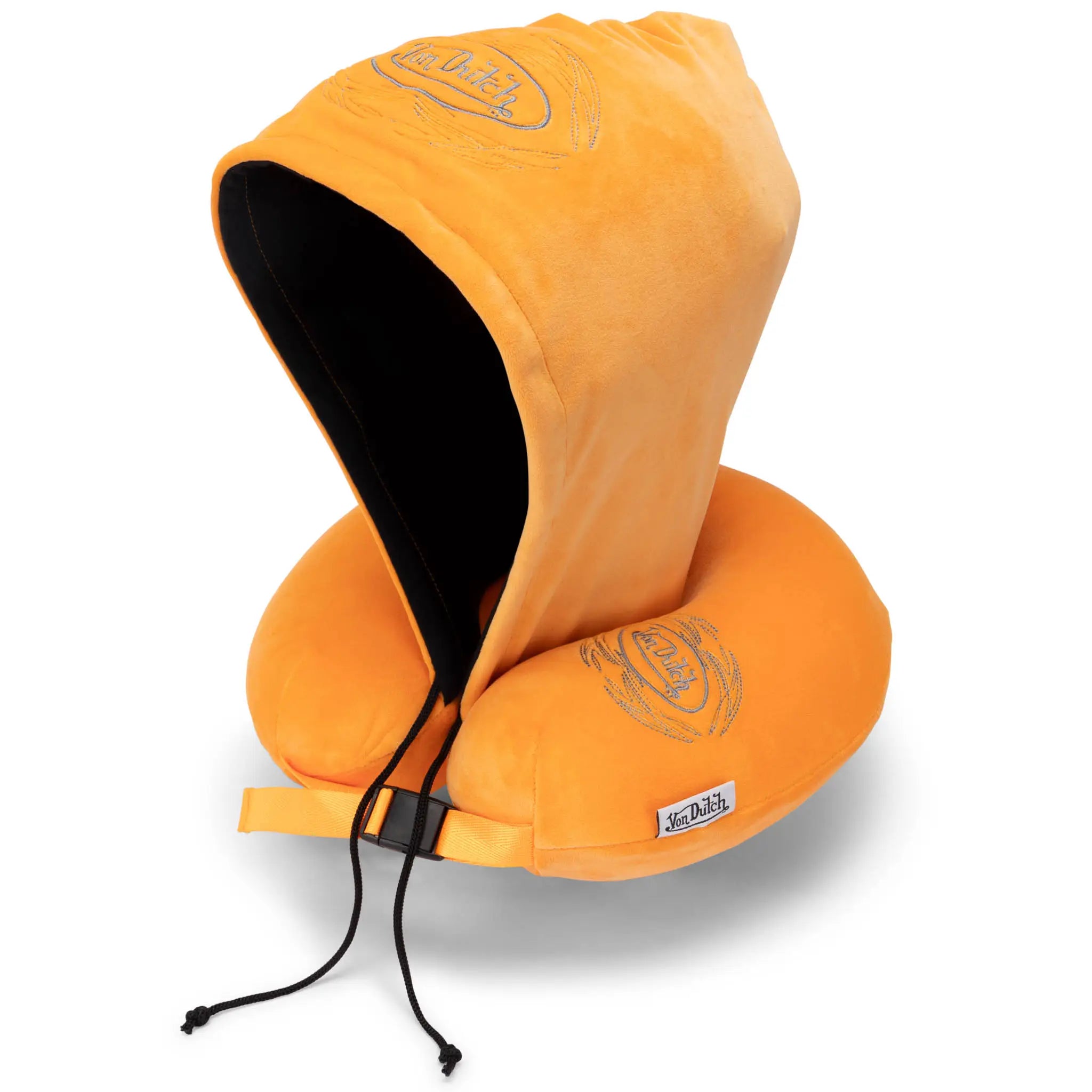 Orange travel pillow with a hood on a white background