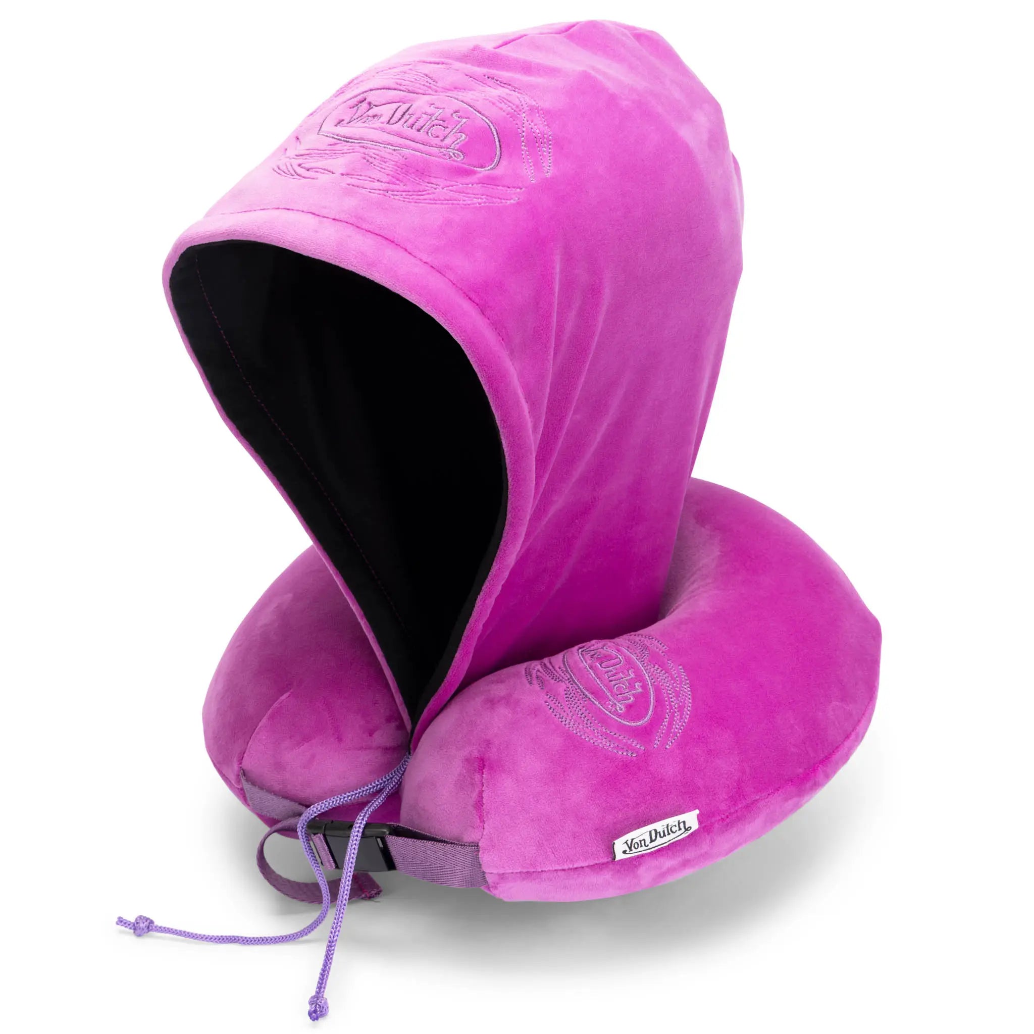 Pink travel pillow with a drawstring on a white background