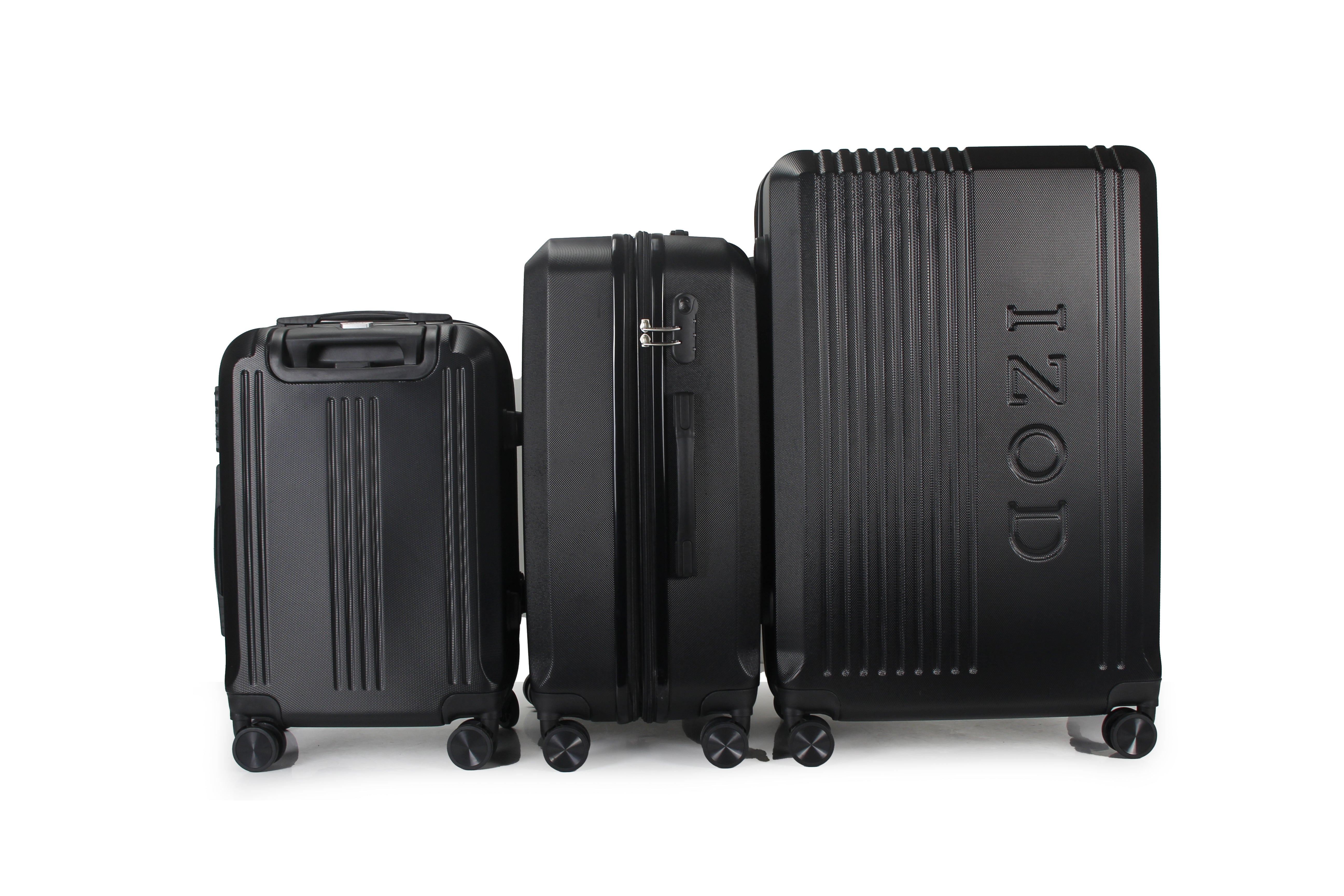 Three black suitcases of different sizes with 'IZOD' branding on a white background