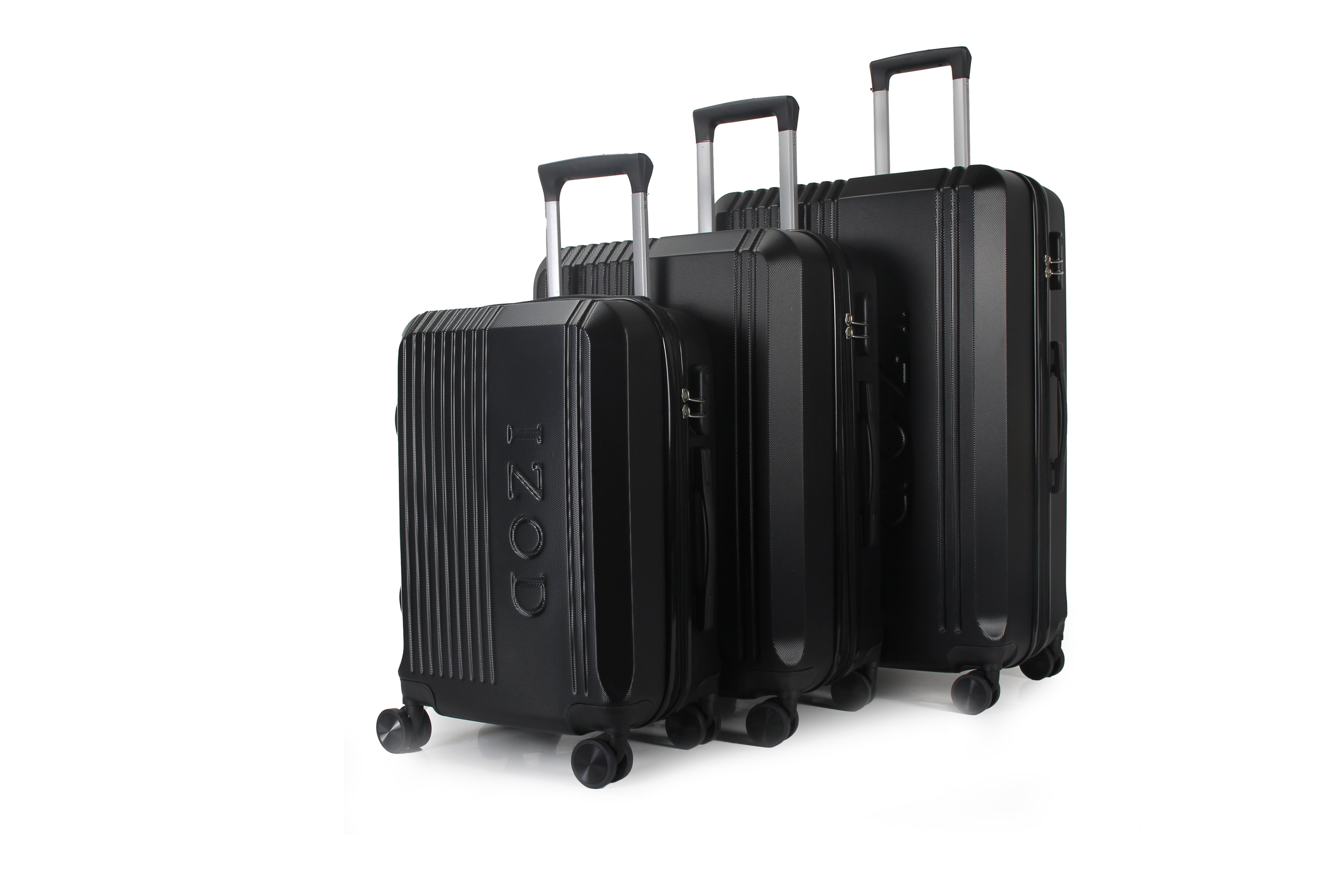 Three black suitcases of different sizes with 'COZI' branding on a white background
