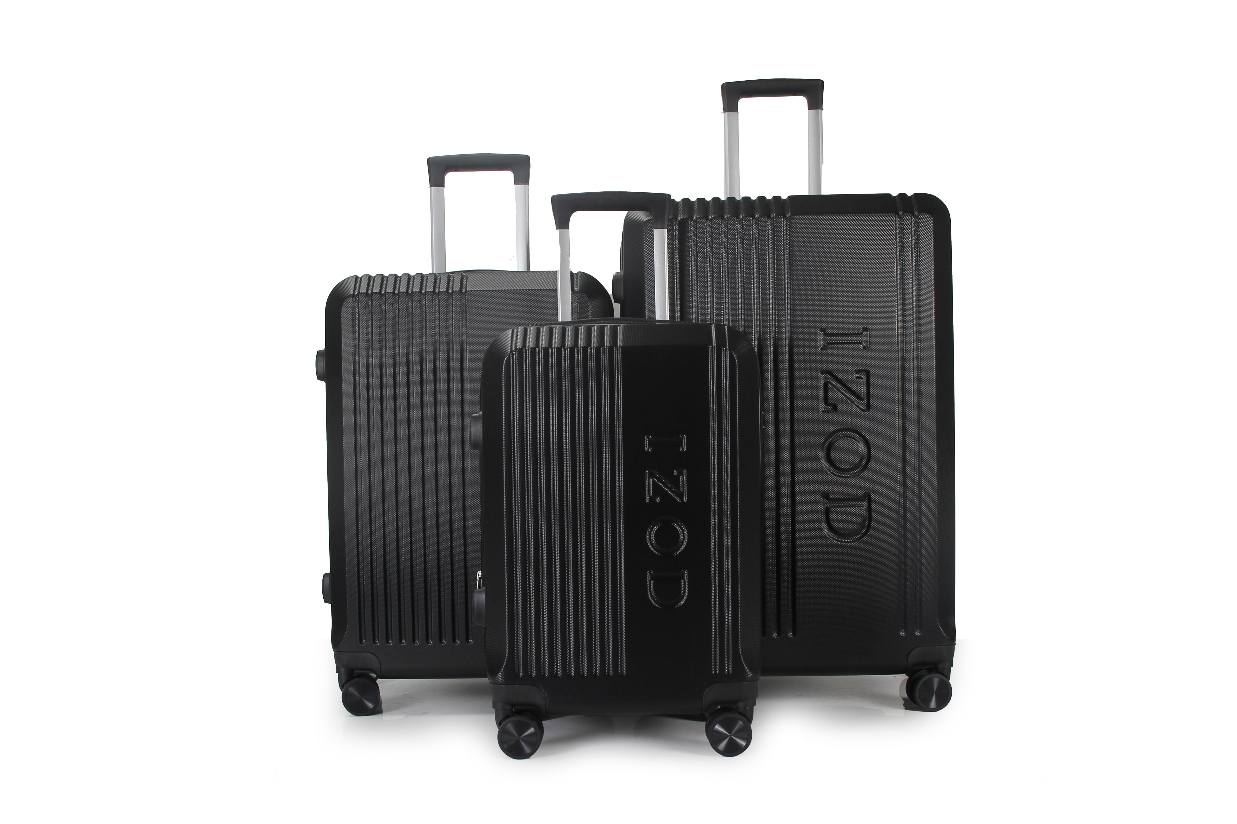 Set of three black suitcases with 'iZOD' branding on a white background