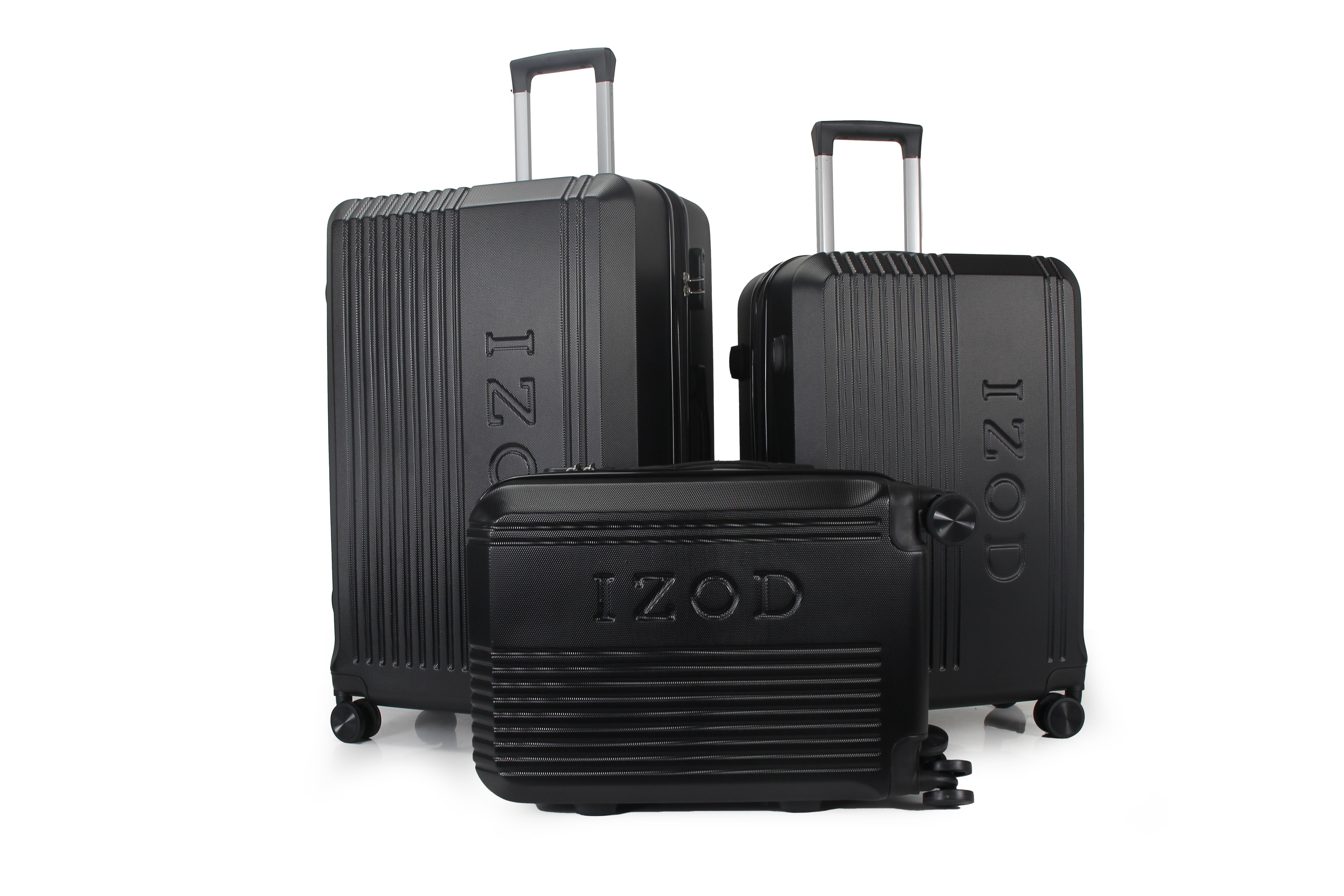 Black luggage set with 'IZOD' branding on a white background