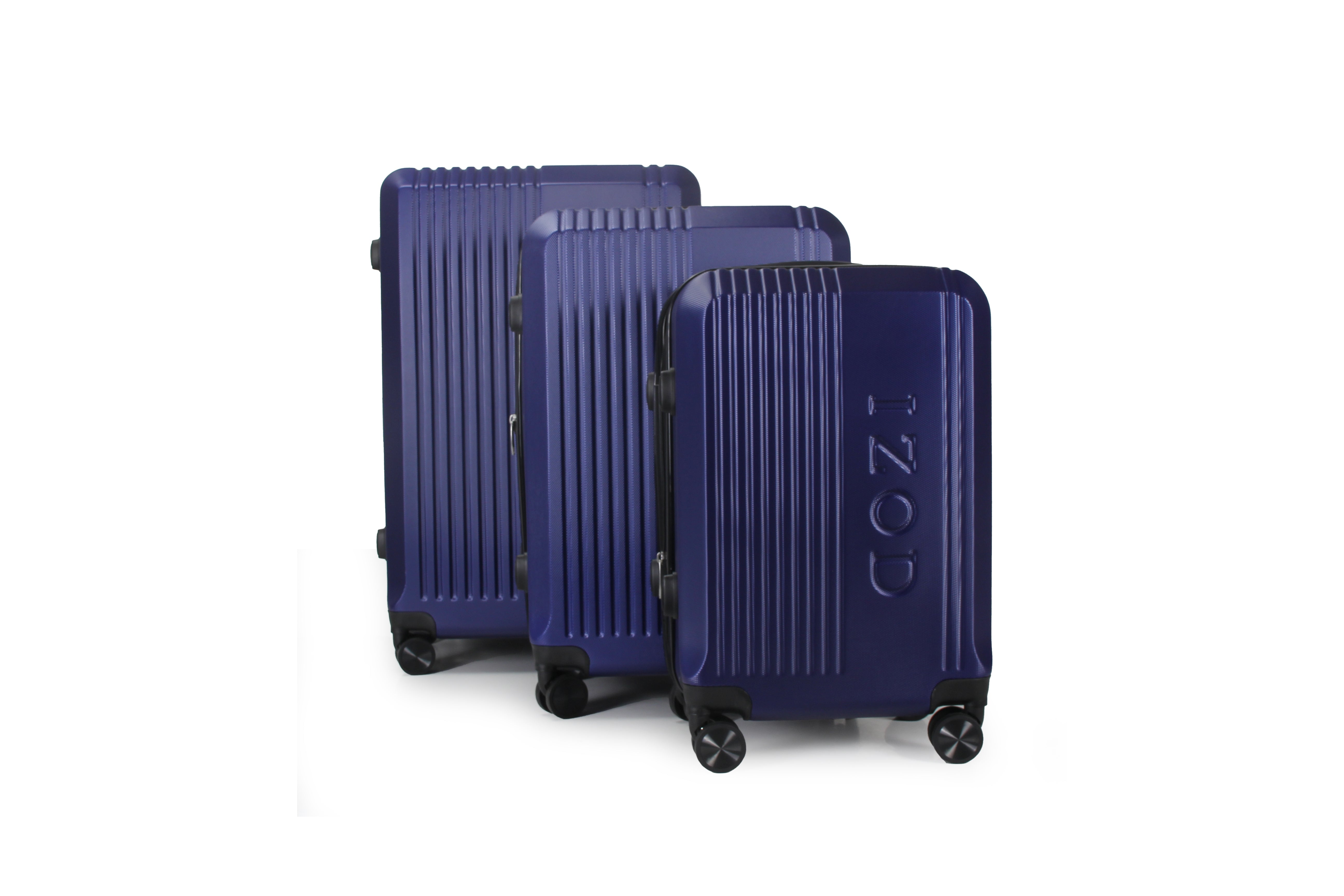 Set of three blue suitcases with 'COZI' branding on a white background