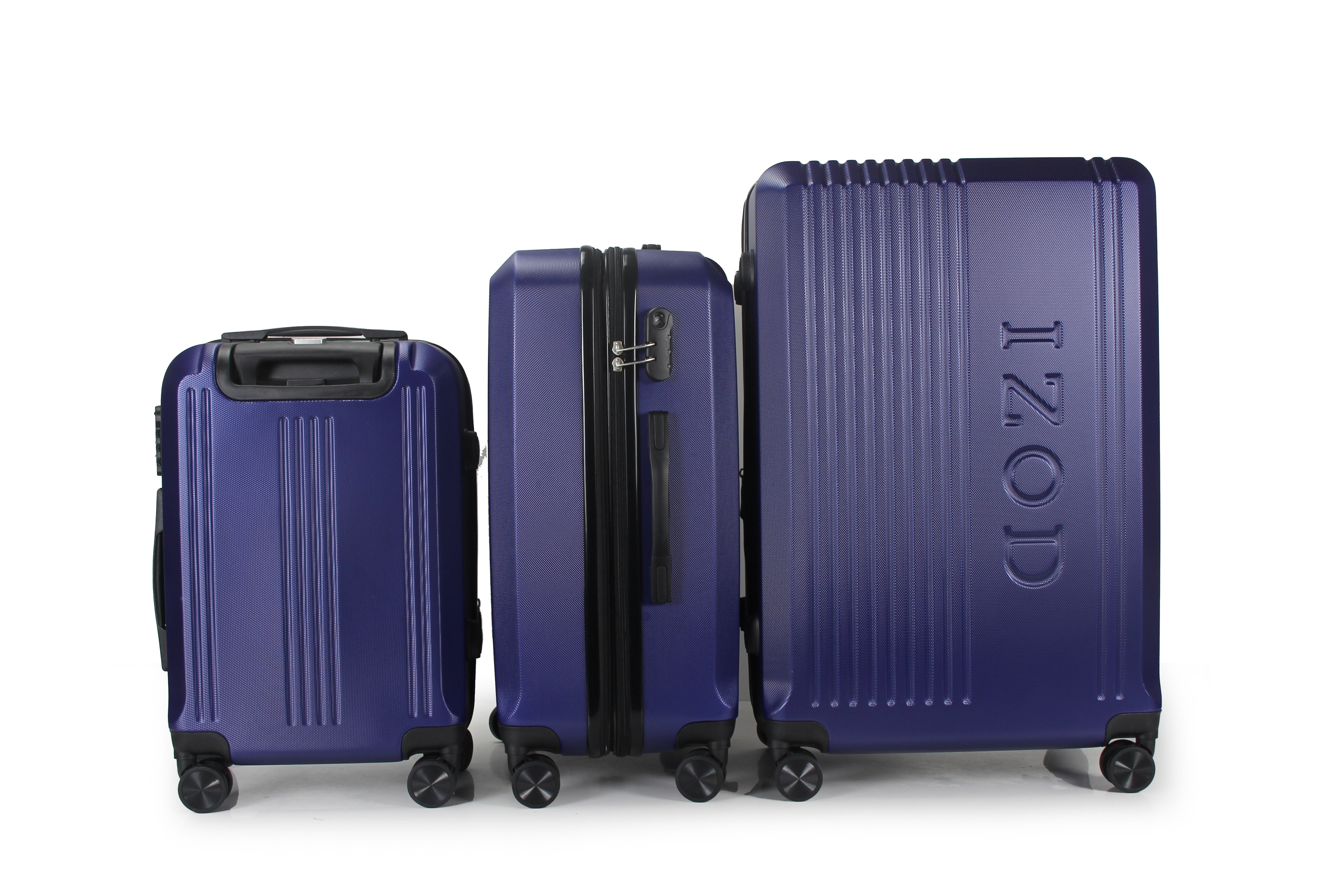 Three blue suitcases of different sizes with 'IZOD' branding on a white background