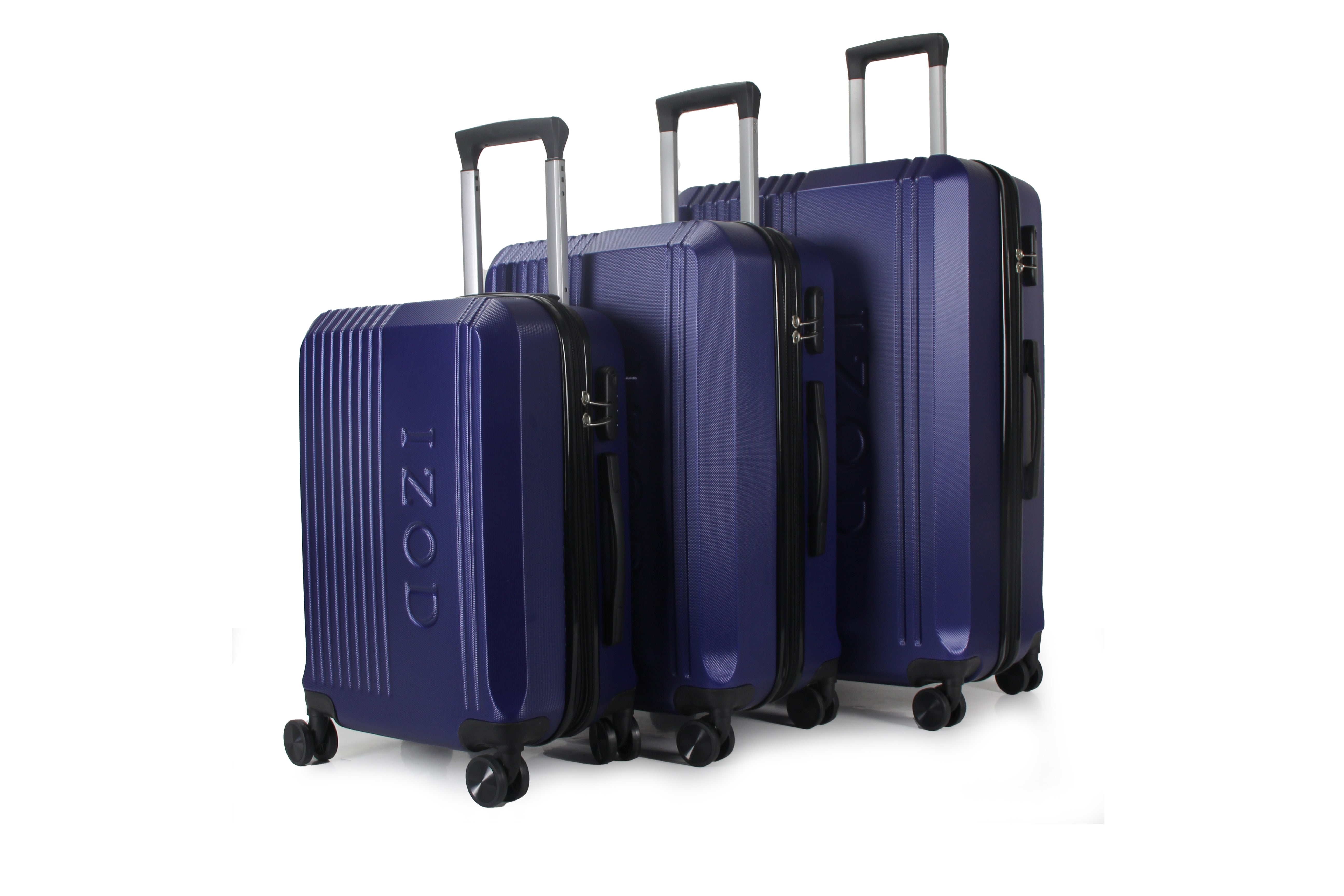 Set of three blue suitcases with wheels on a white background