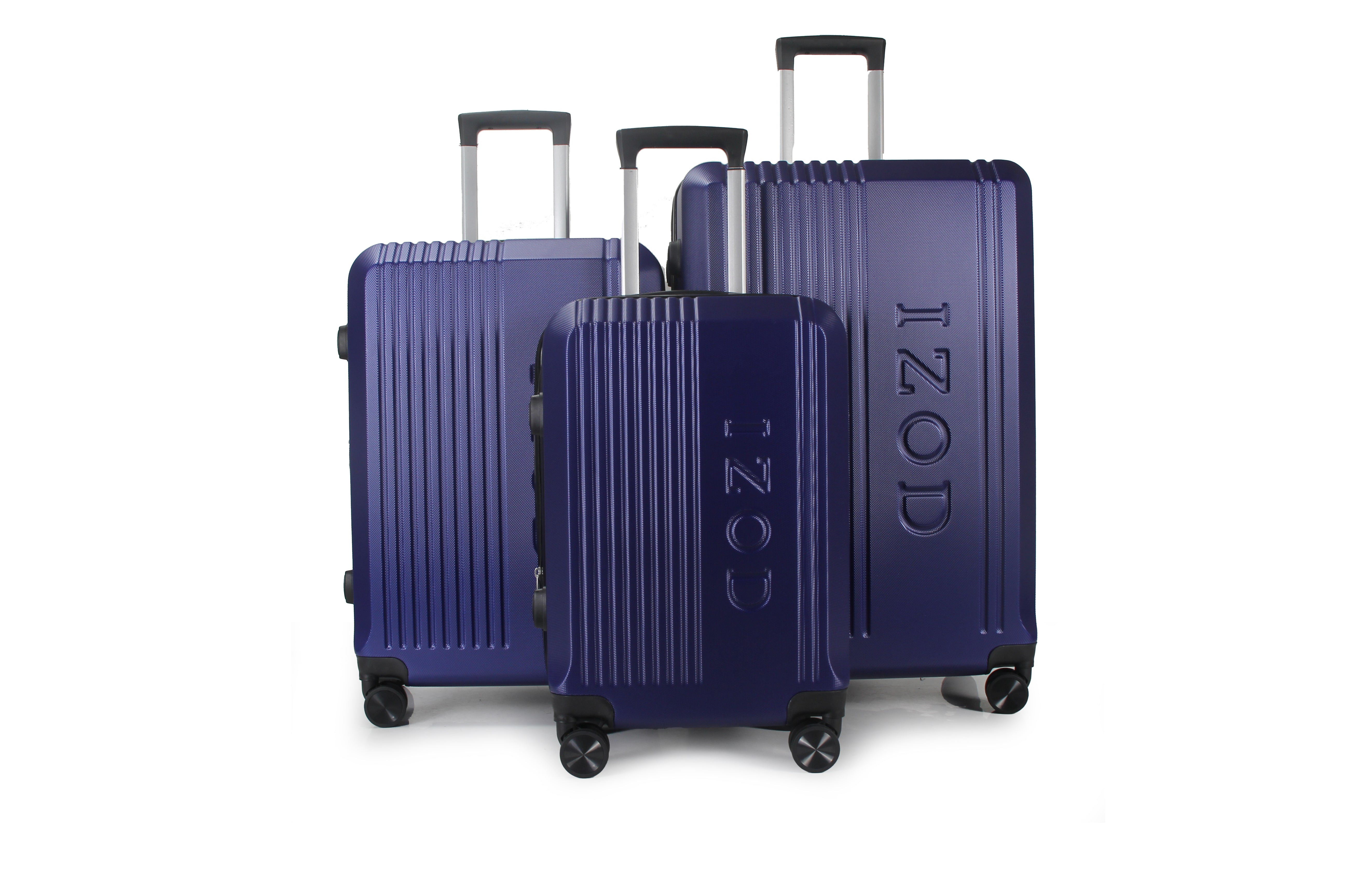 Set of three blue suitcases with 'IZOD' branding on a white background