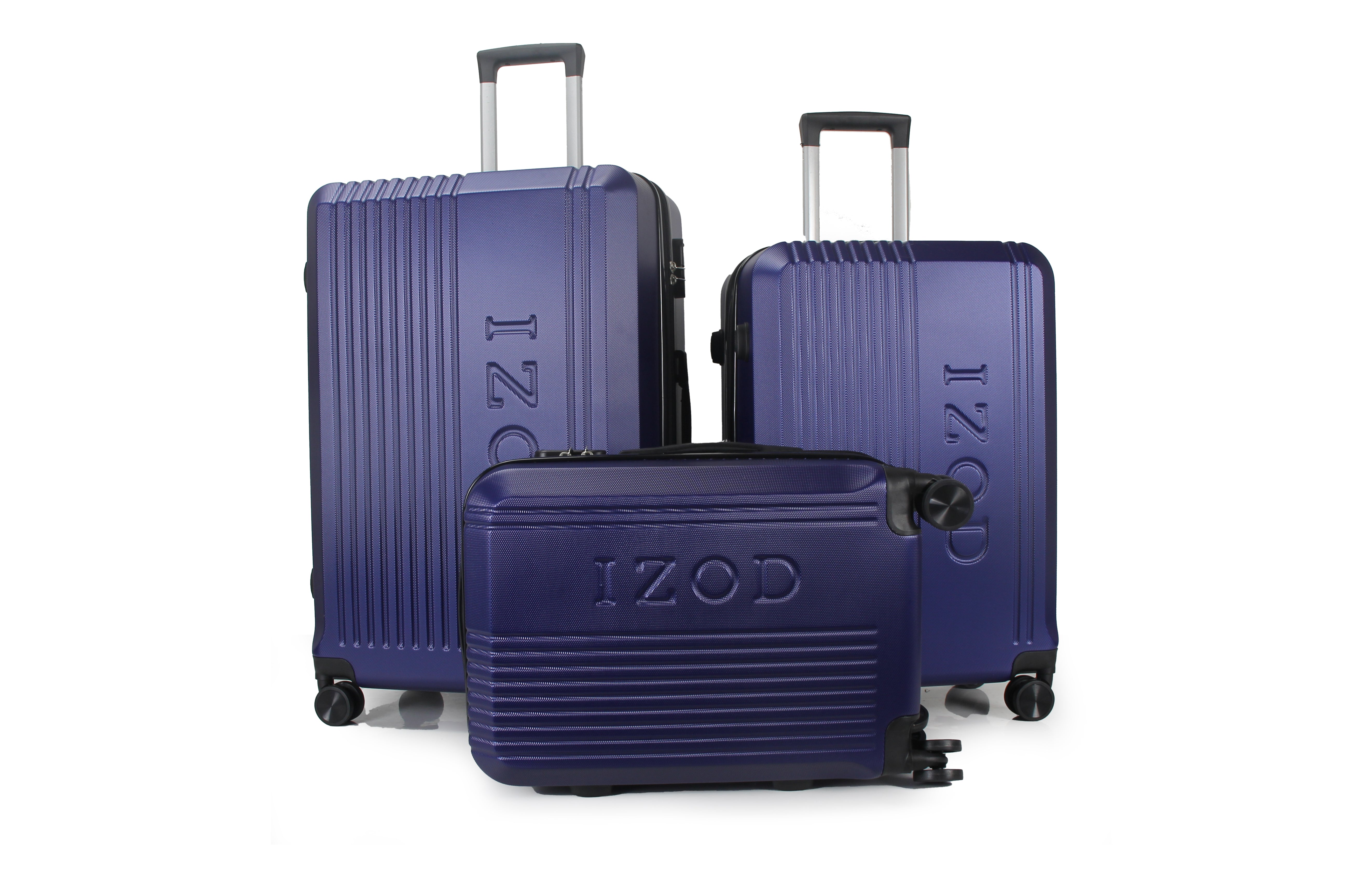 Set of three blue suitcases with 'IZOD' branding on a white background