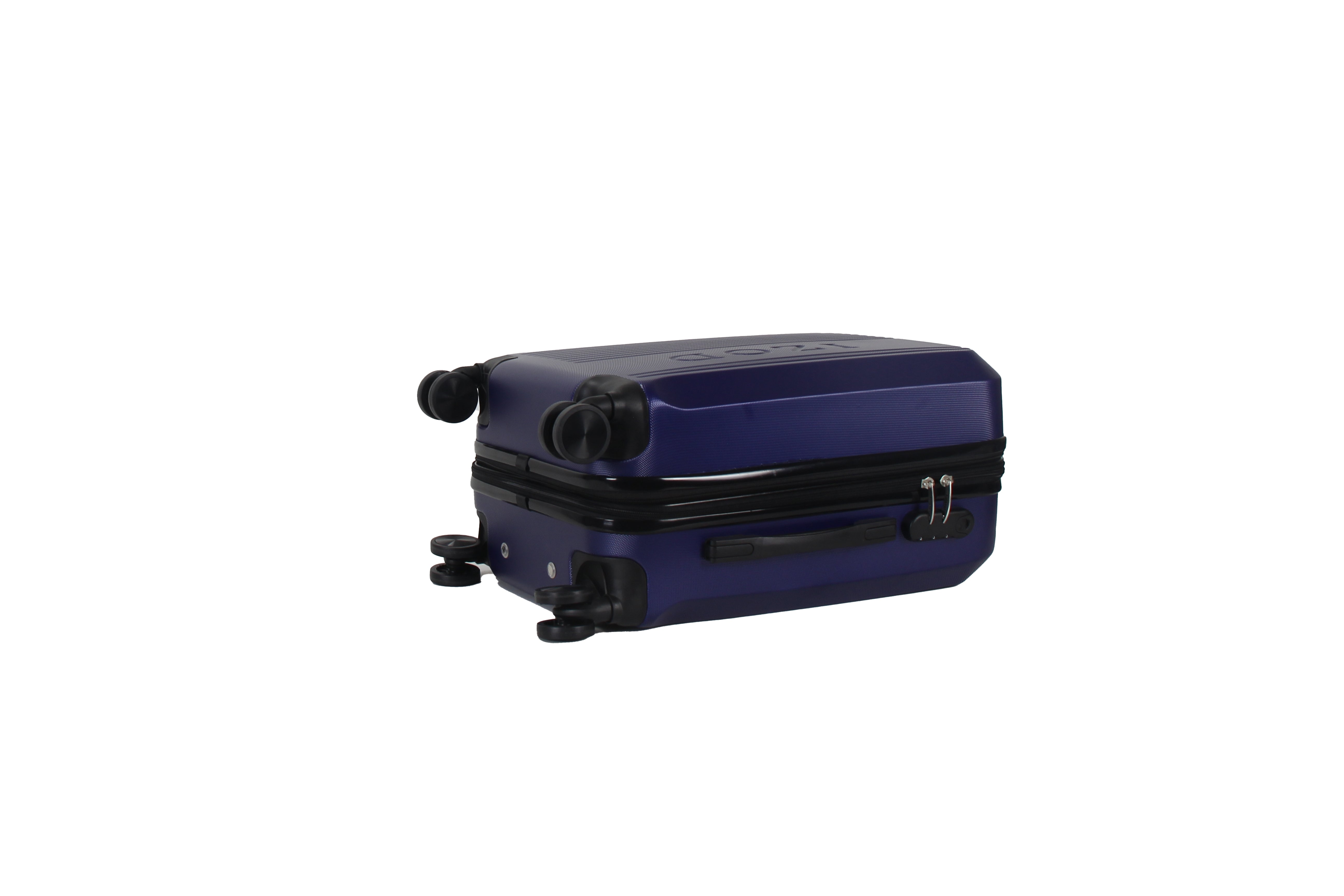 Blue suitcase with black handle and wheels on a white background