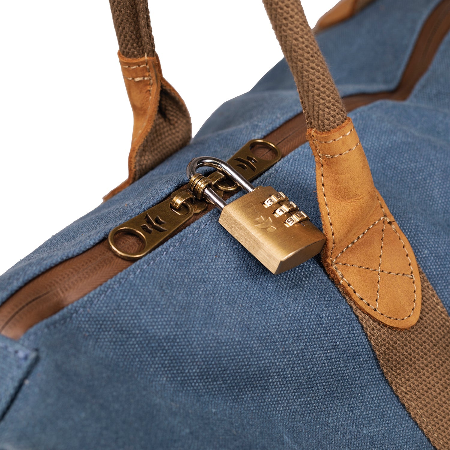 Blue bag with brown straps and a combination lock on a white background