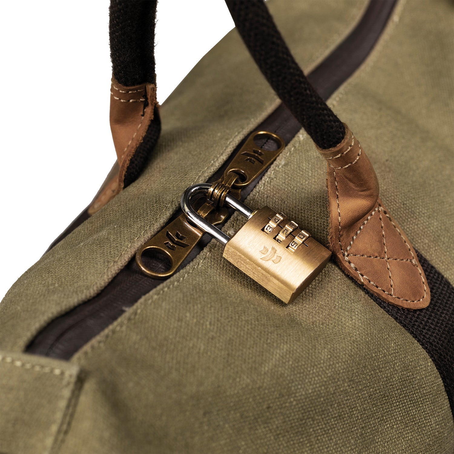 Close-up of a green bag with a gold combination lock on a white background