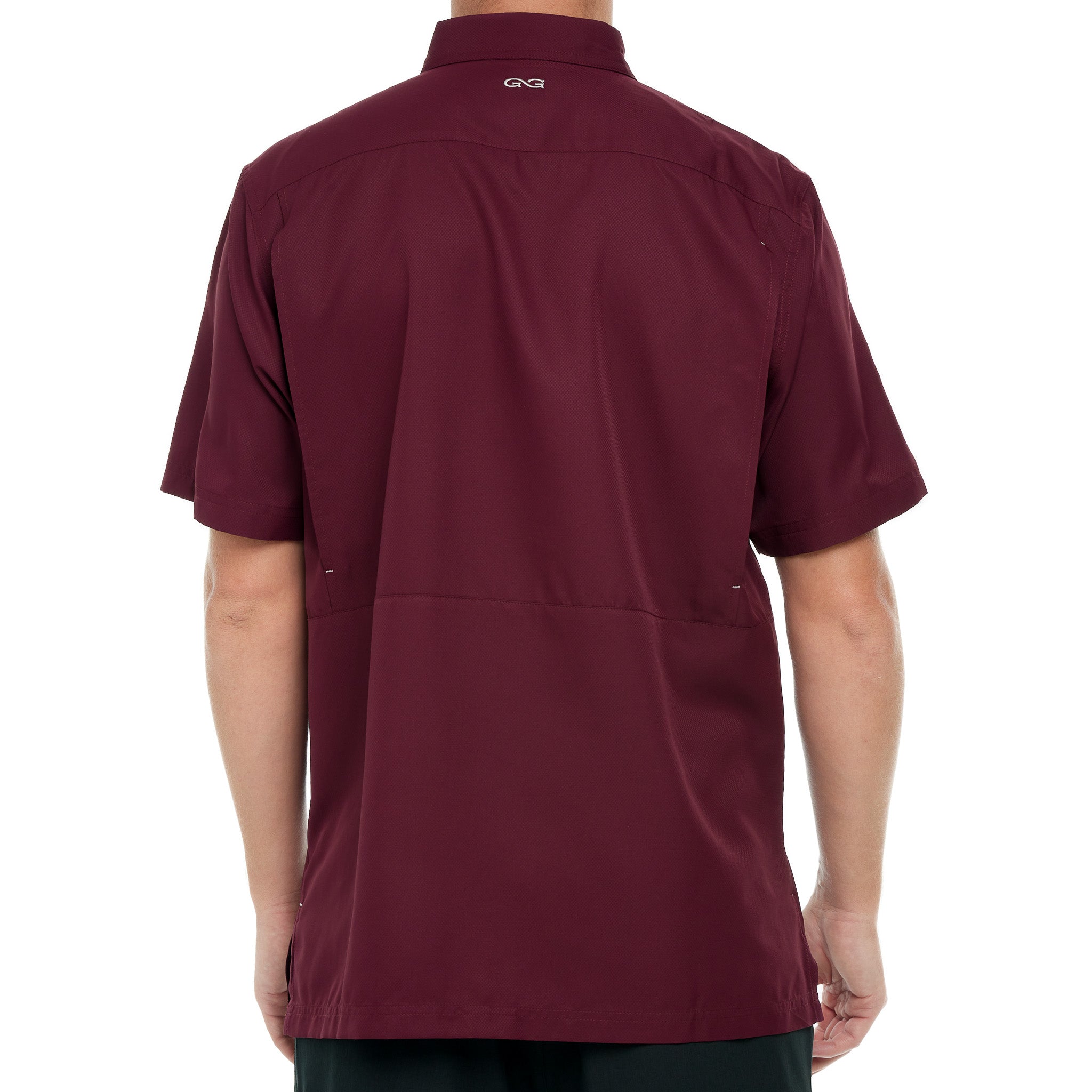 Maroon polo shirt with a brand logo on the back, displayed on a white background