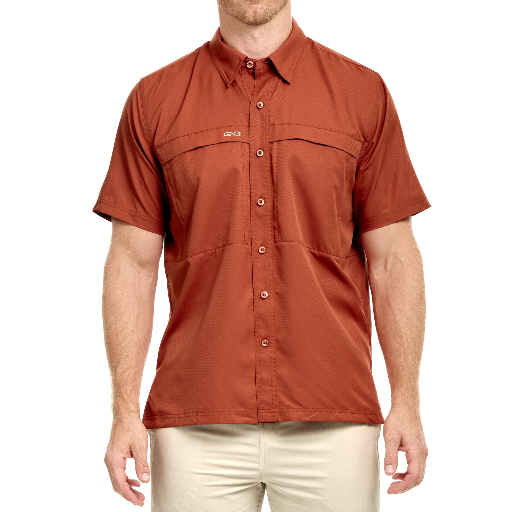 Man wearing a brown short-sleeve shirt on a white background
