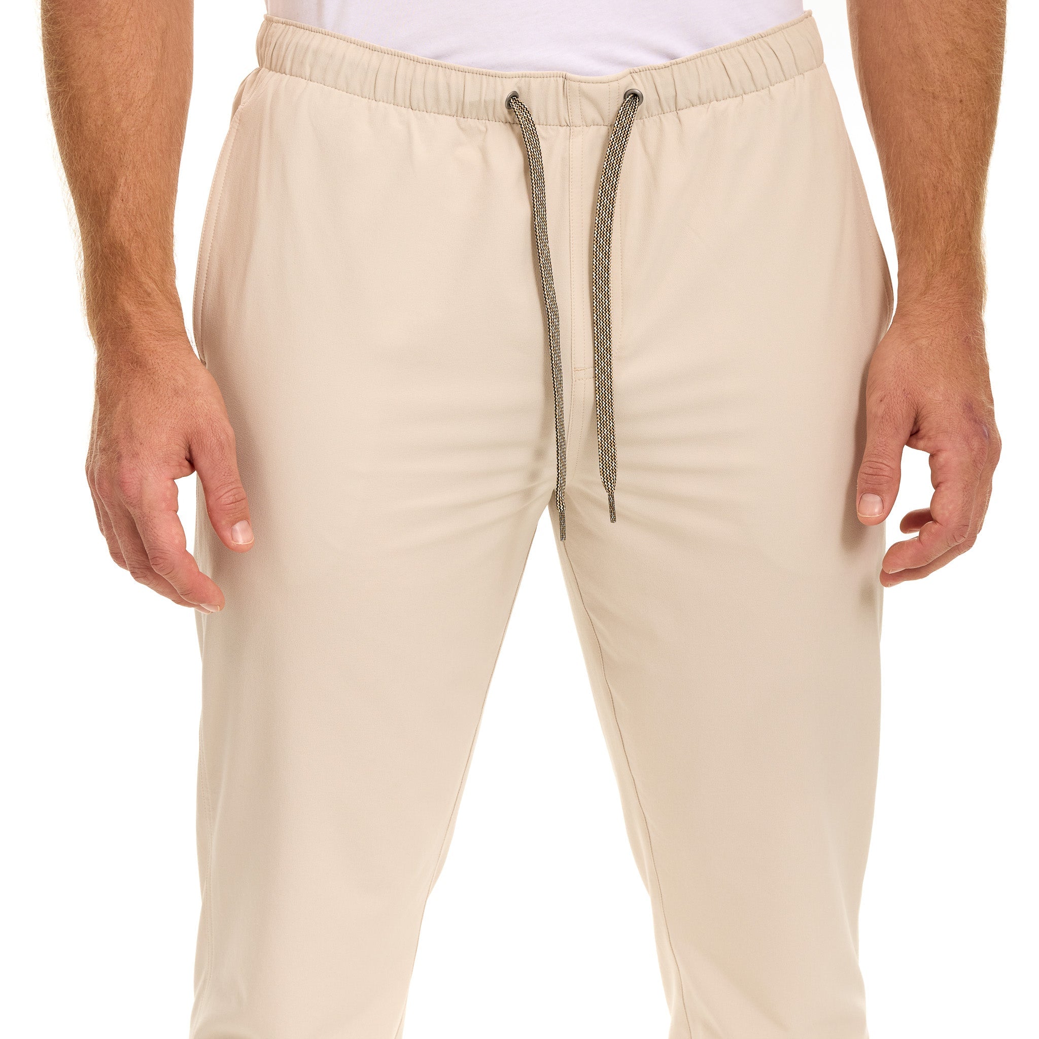 Beige pants with a drawstring on a white background