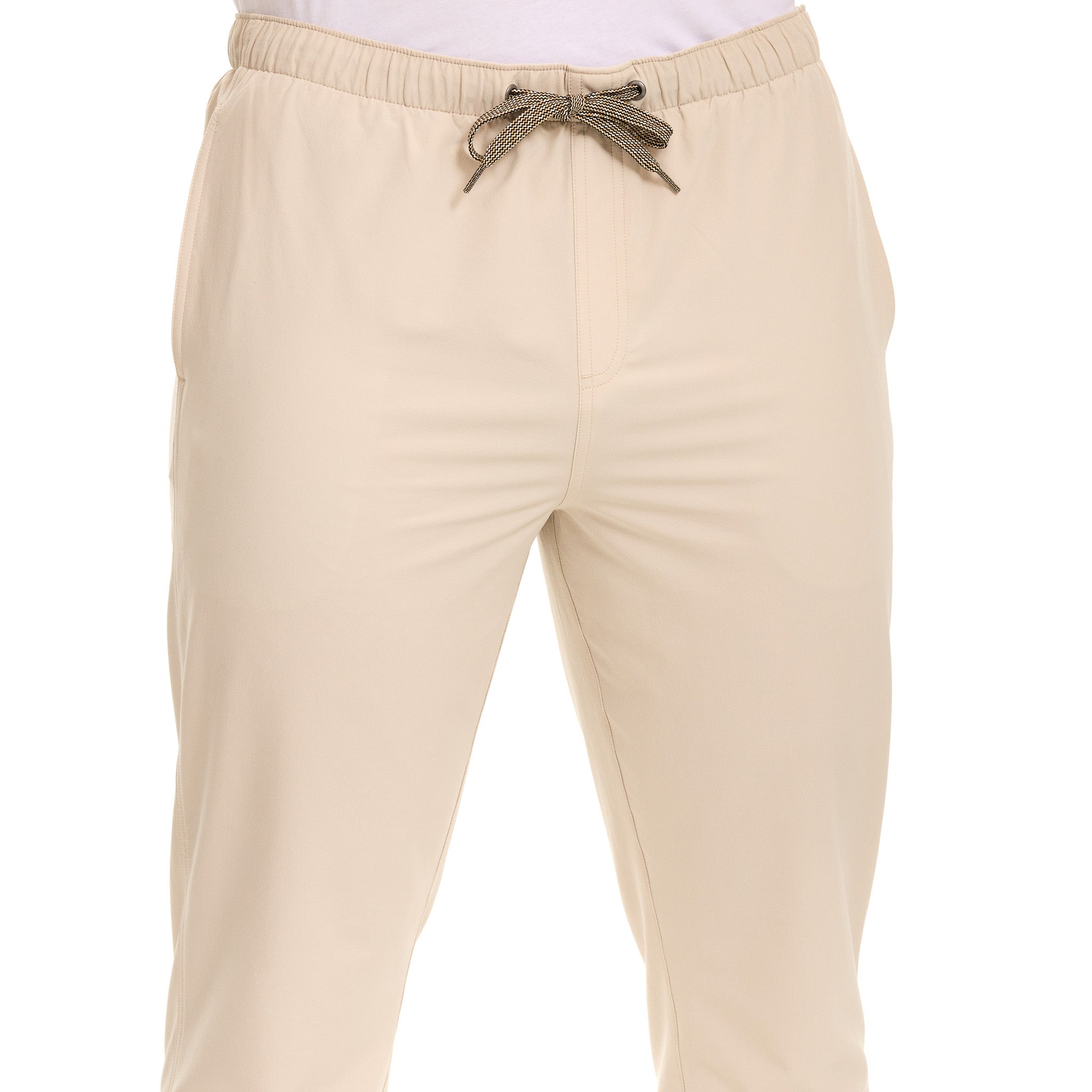 Beige pants with a drawstring on a white background