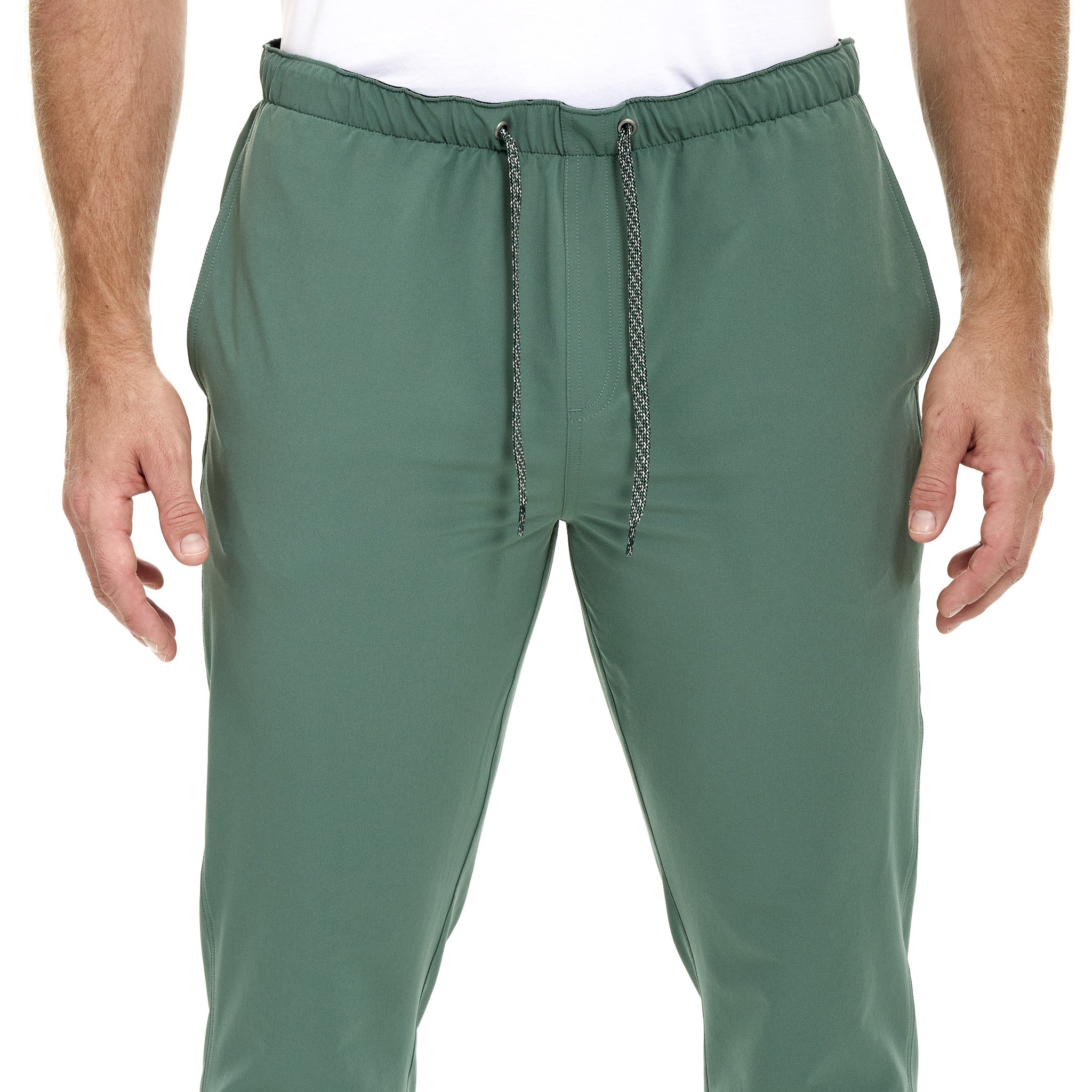 Green pants with a drawstring on a white background