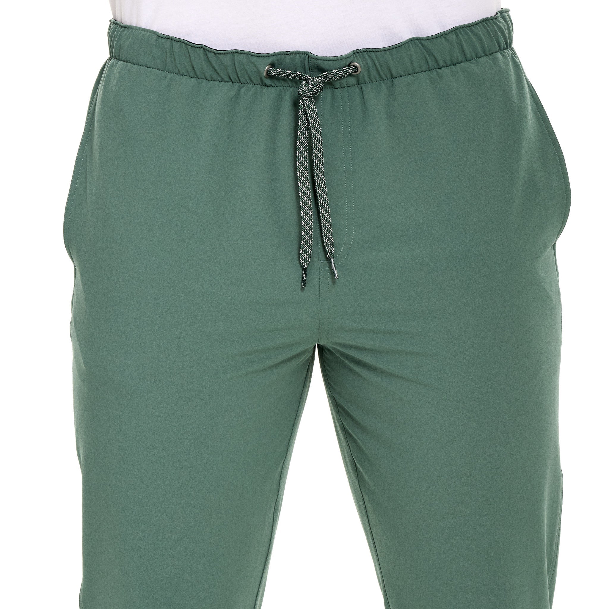 Green pants with a drawstring on a white background