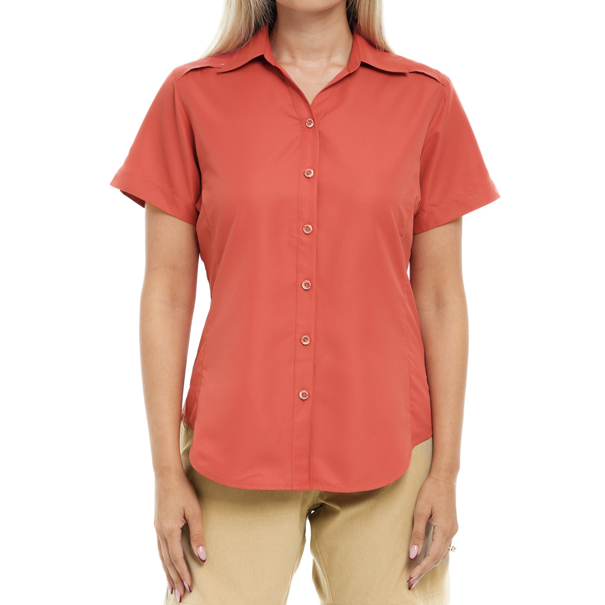Person wearing a coral short-sleeve button-up shirt on a white background