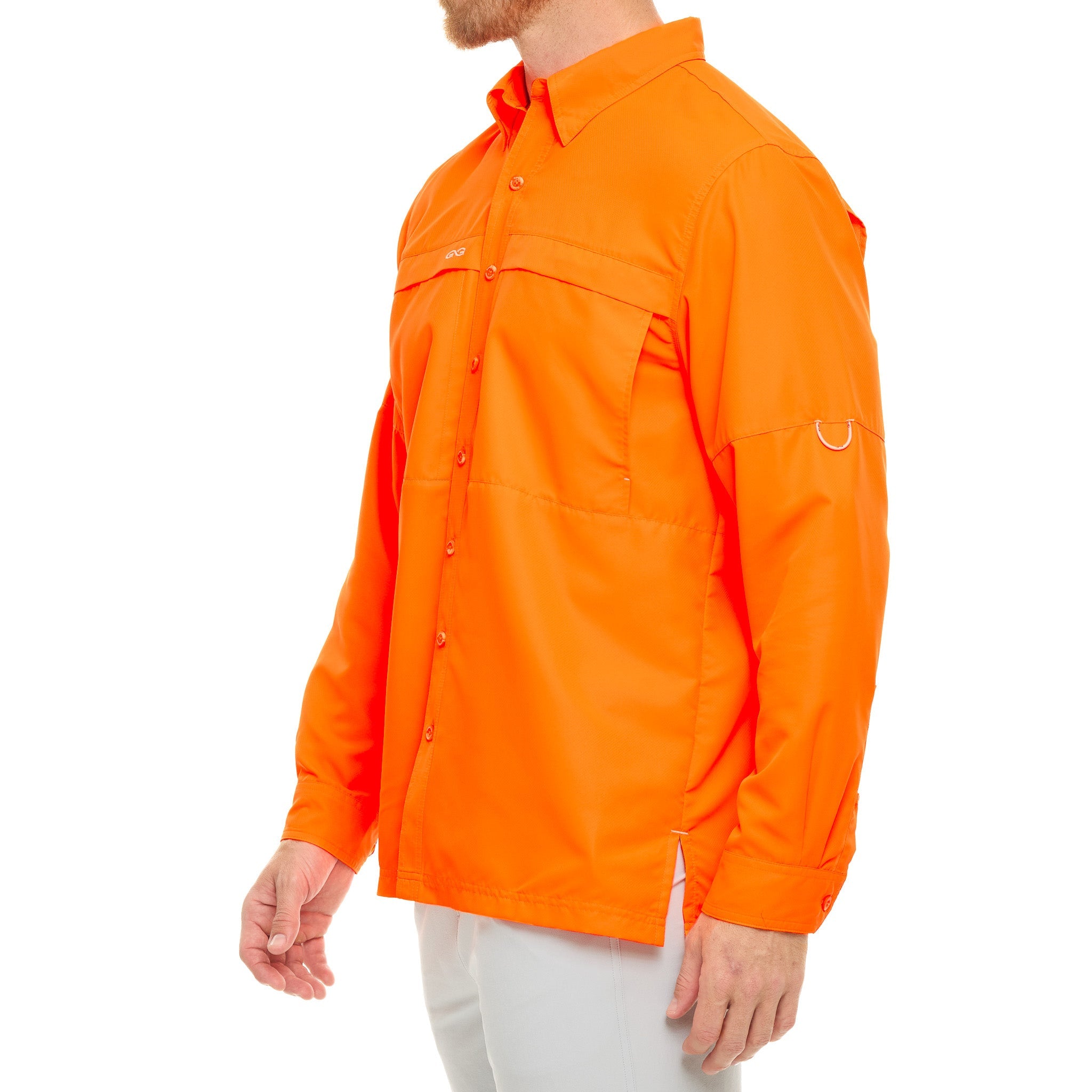 Orange shirt worn by a person on a white background