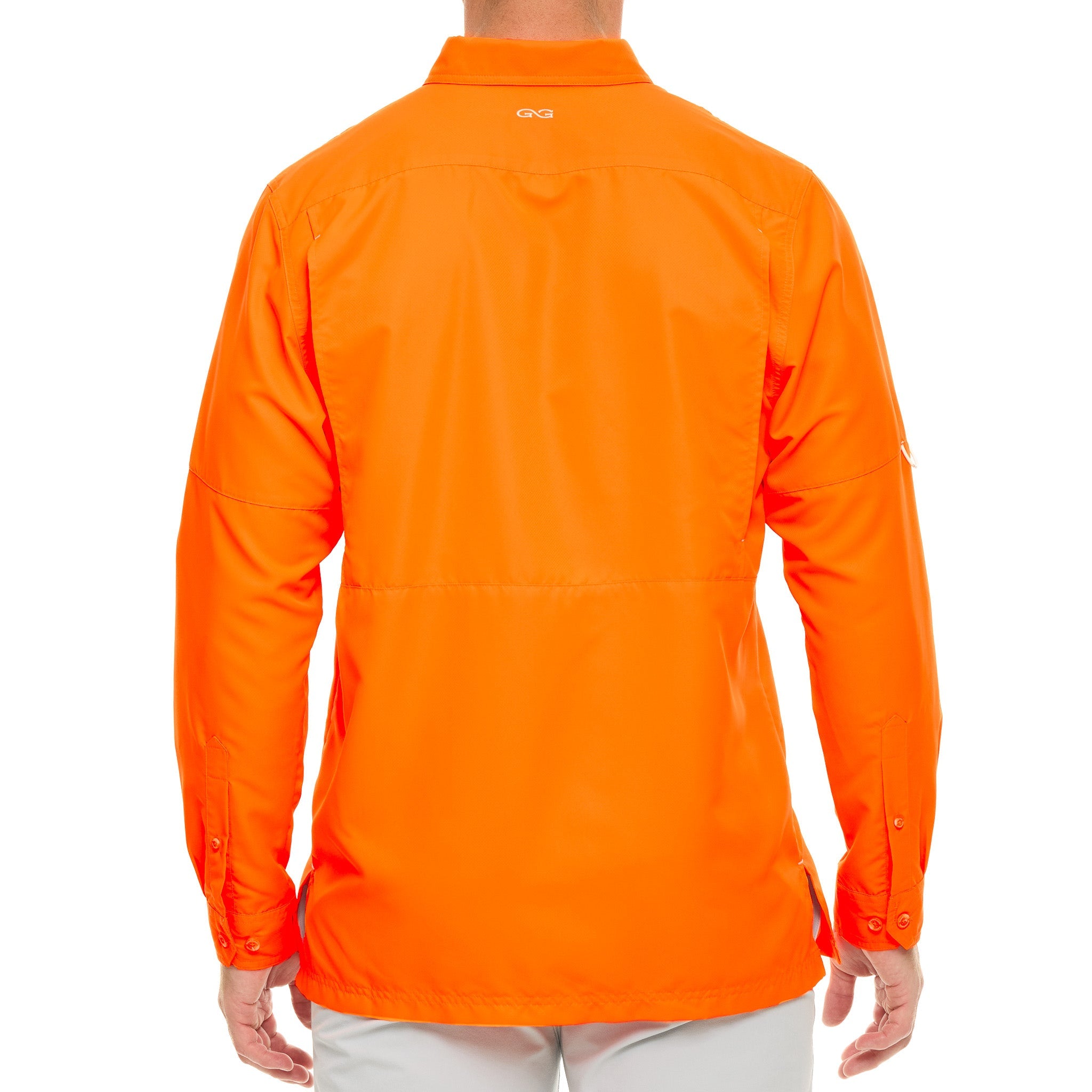 A bright orange long-sleeve performance shirt shown from the back on a model, featuring a collar and button cuffs, against a plain white background.