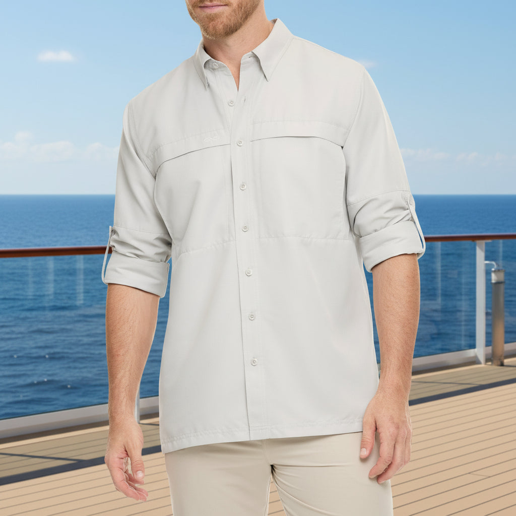 Light gray button-up shirt worn by a person on a white background