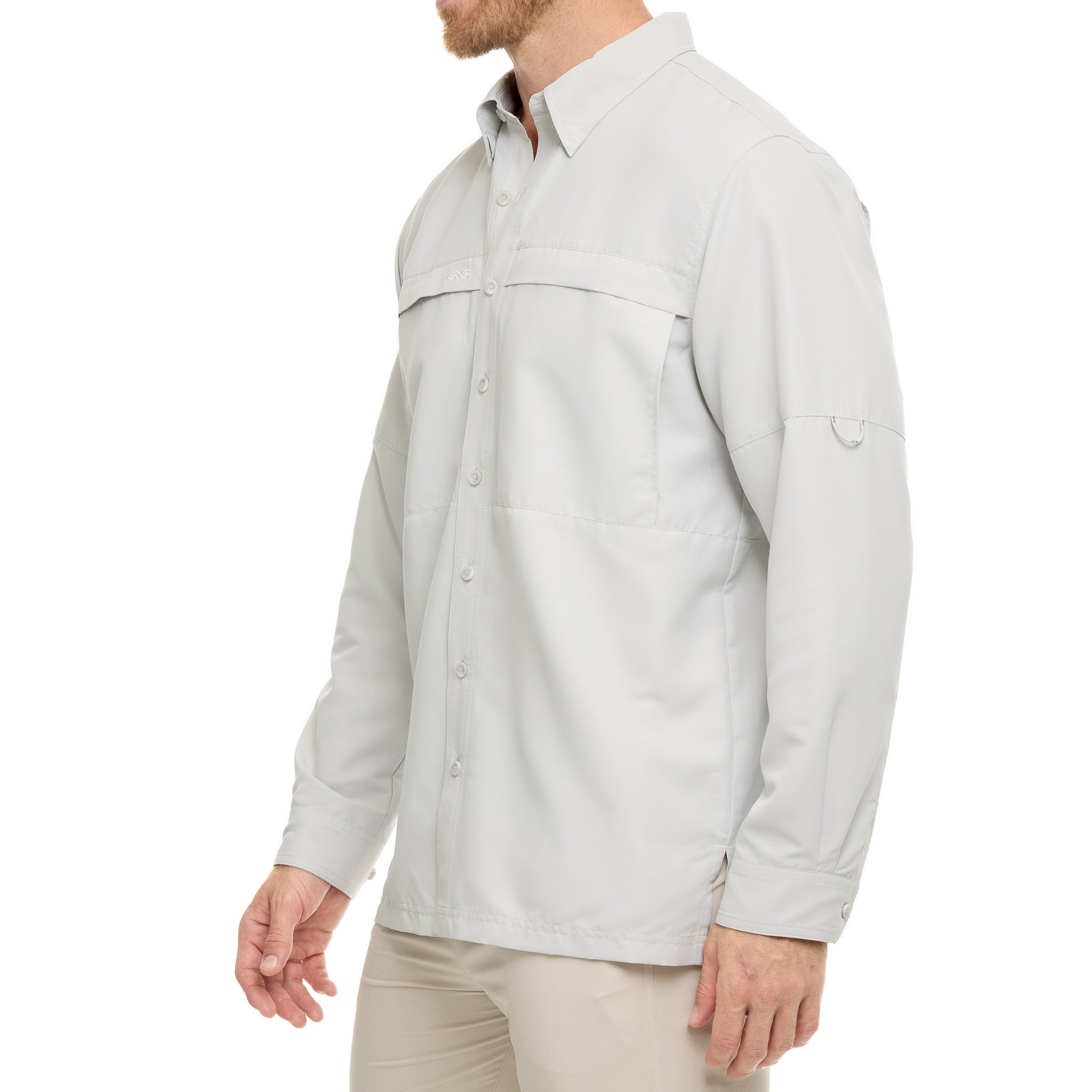 Light gray shirt worn by a person on a white background