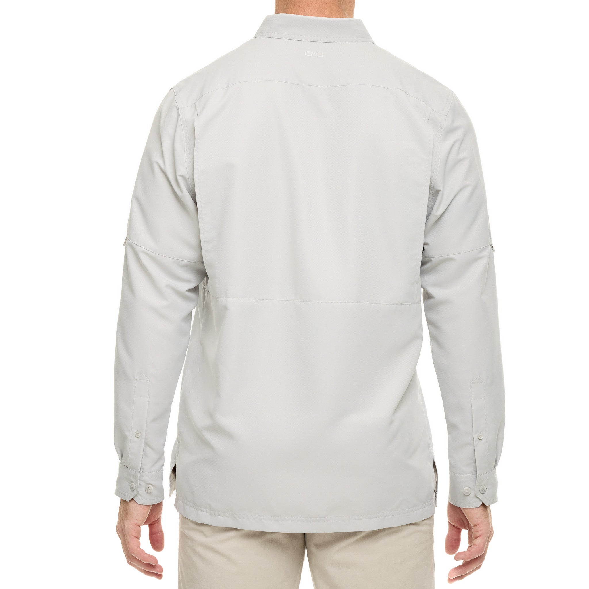 Light gray jacket worn by a person on a white background