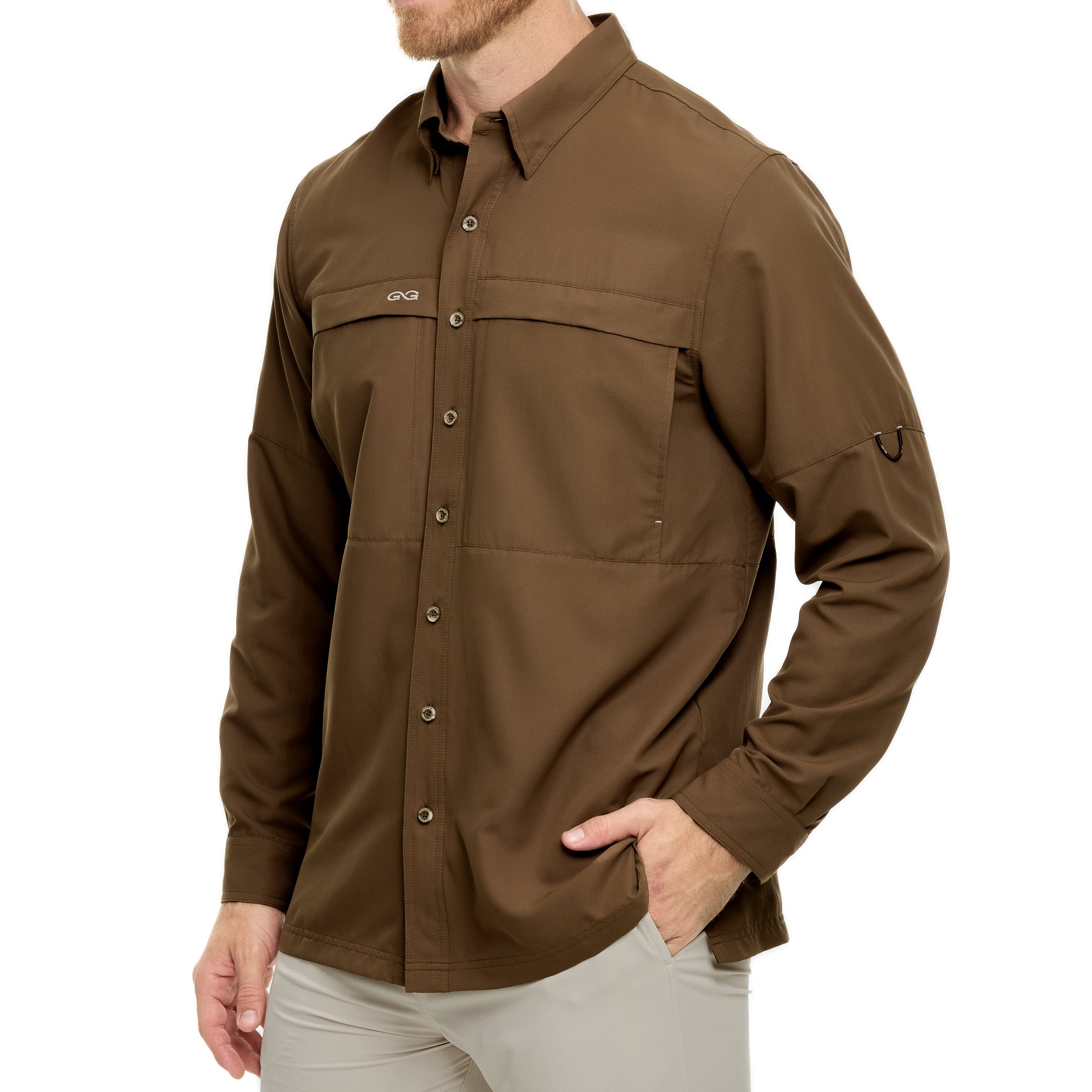 Brown shirt worn by a person on a white background