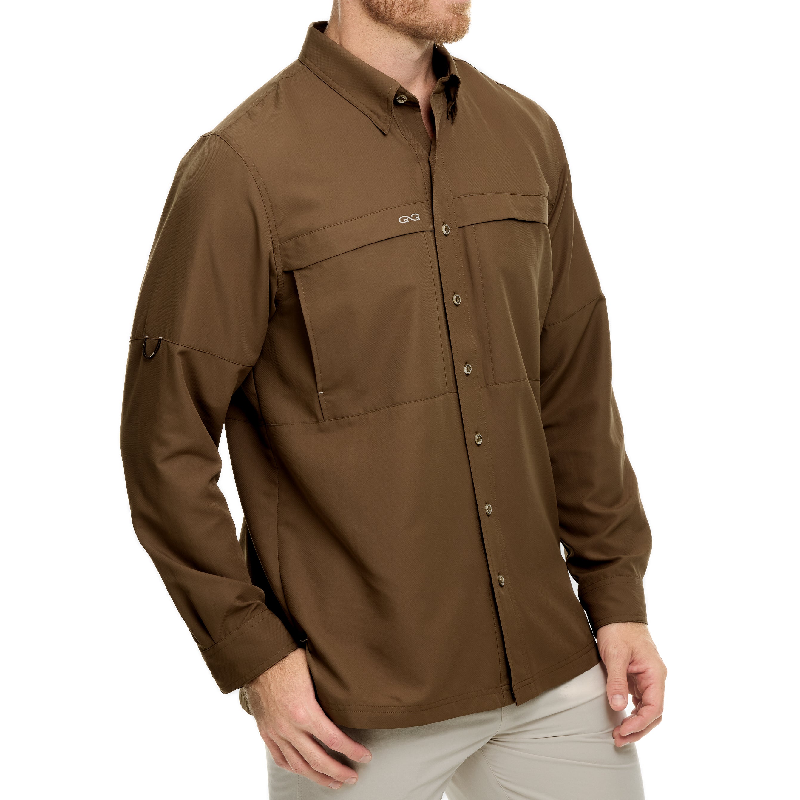 Brown shirt worn by a person on a white background